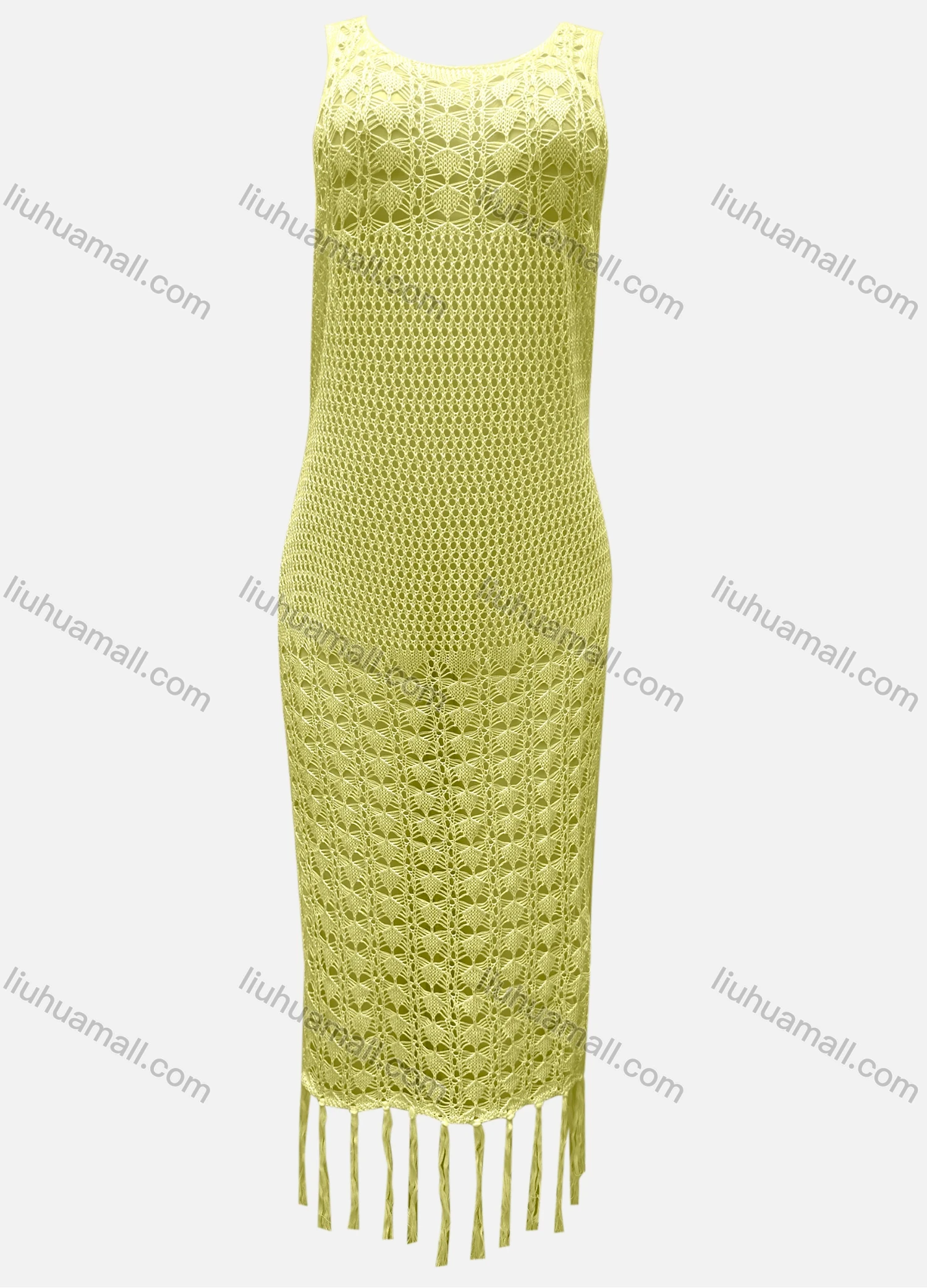 Wholesale Women's Vacation Crew Neck Crochet Sleeveless Plain Hollow Out Tassel Hem Tank Cover Up Dress X81# - Liuhuamall