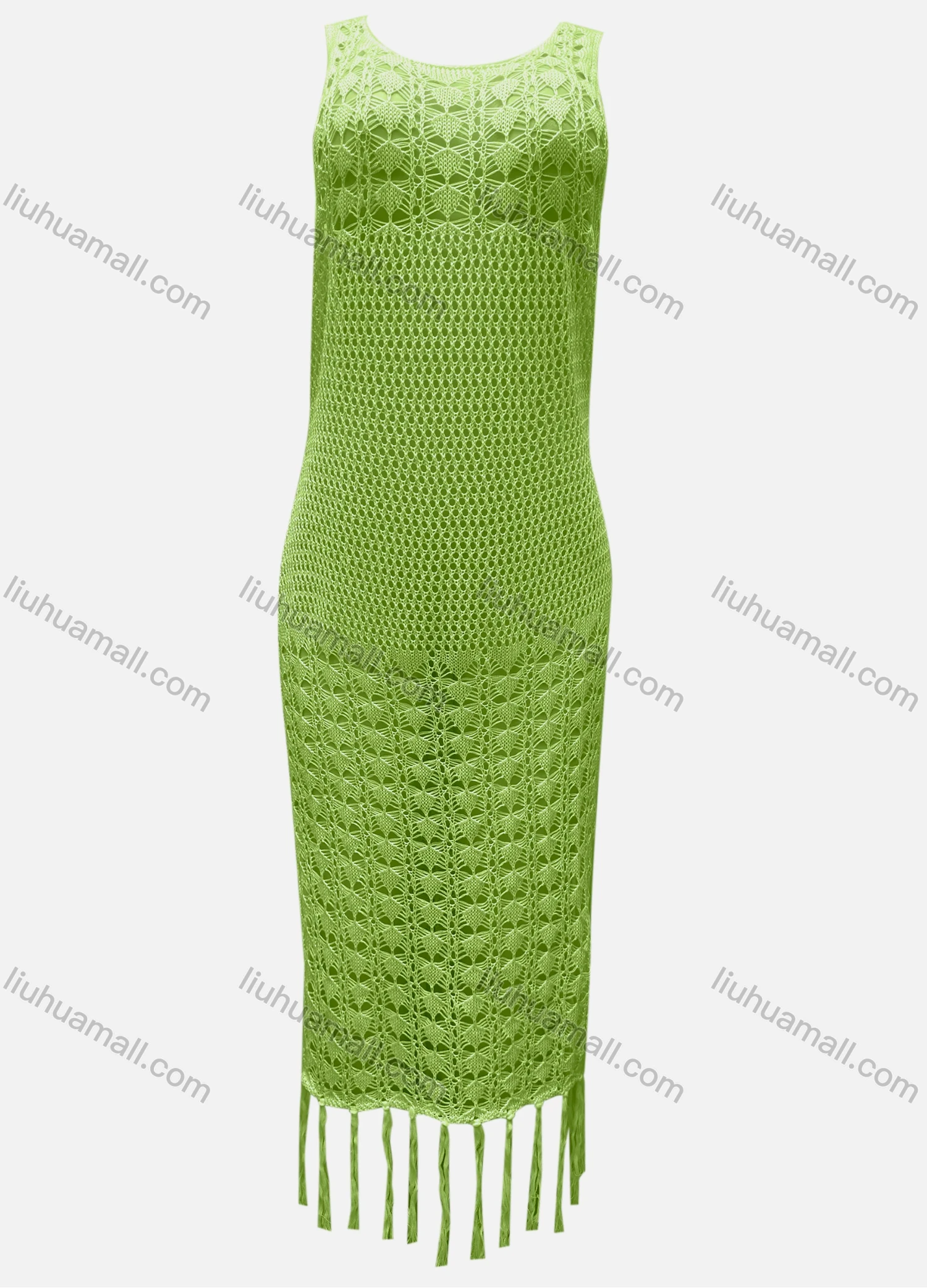 Wholesale Women's Vacation Crew Neck Crochet Sleeveless Plain Hollow Out Tassel Hem Tank Cover Up Dress X81# - Liuhuamall