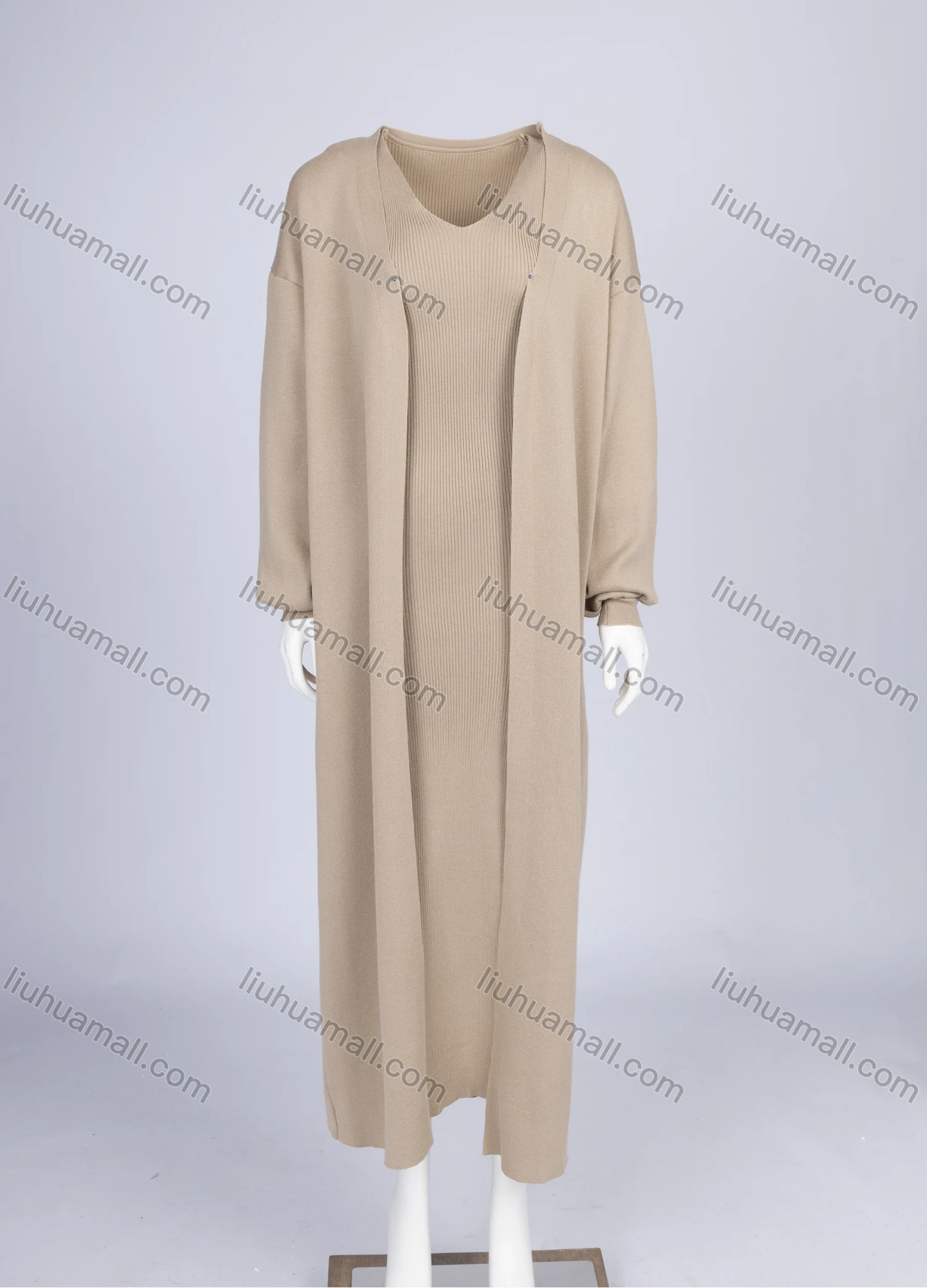 Wholesale Women's Casual V Neck Plain Midi Dress & Drop Shoulder Knit Cardigan 2 Piece Set - Liuhuamall