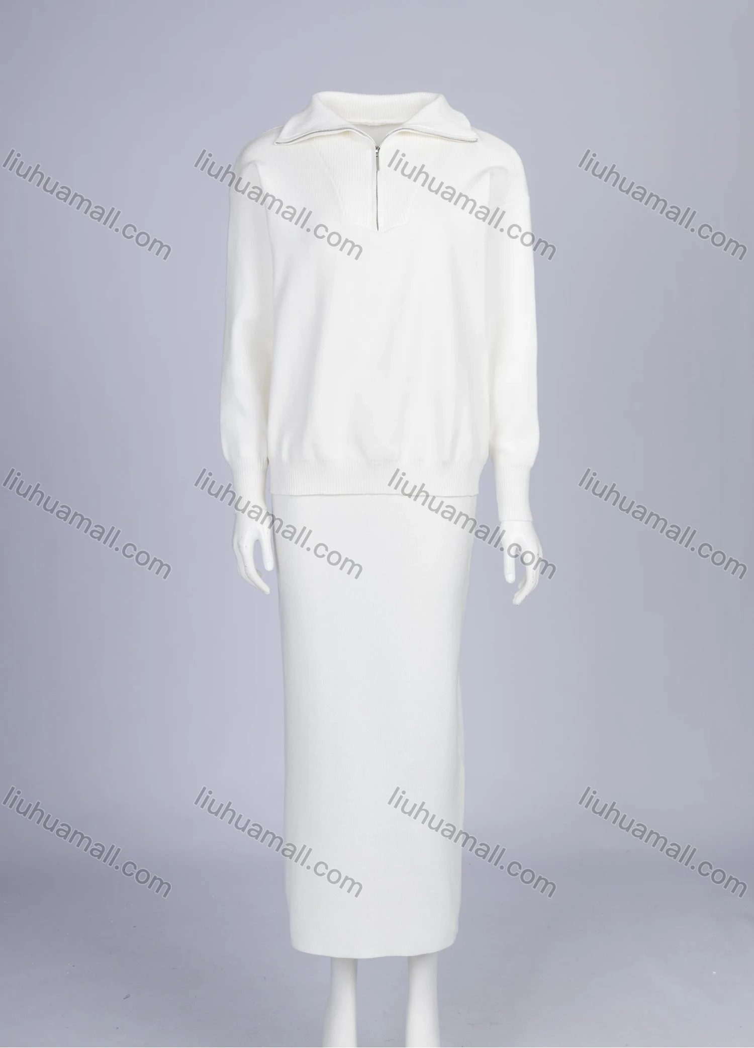 Wholesale Women's Casual Plain Turn-down Collar Long Sleeve Zipper Knit Top & Midi Skirts 2 Piece Set - Liuhuamall