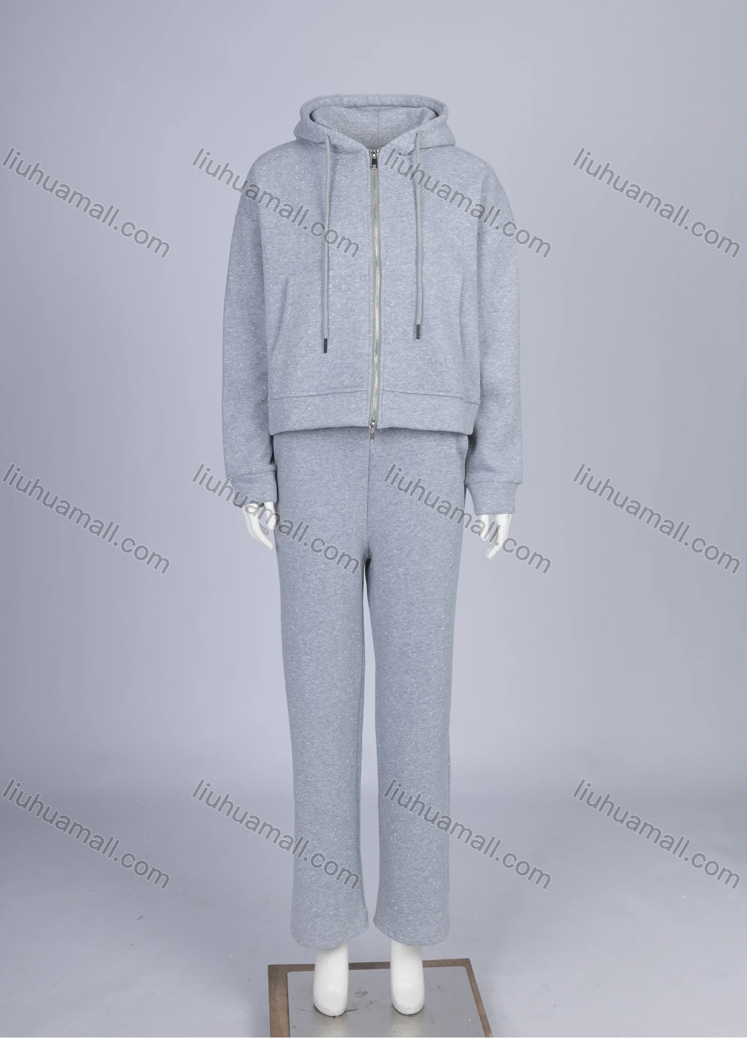 Wholesale Women's Athletic Plain 100%Cotton Hoodie Zipper Drawstring Jacket With Kangaroo Pocket & Pant 2 Piece Set - Liuhuamall