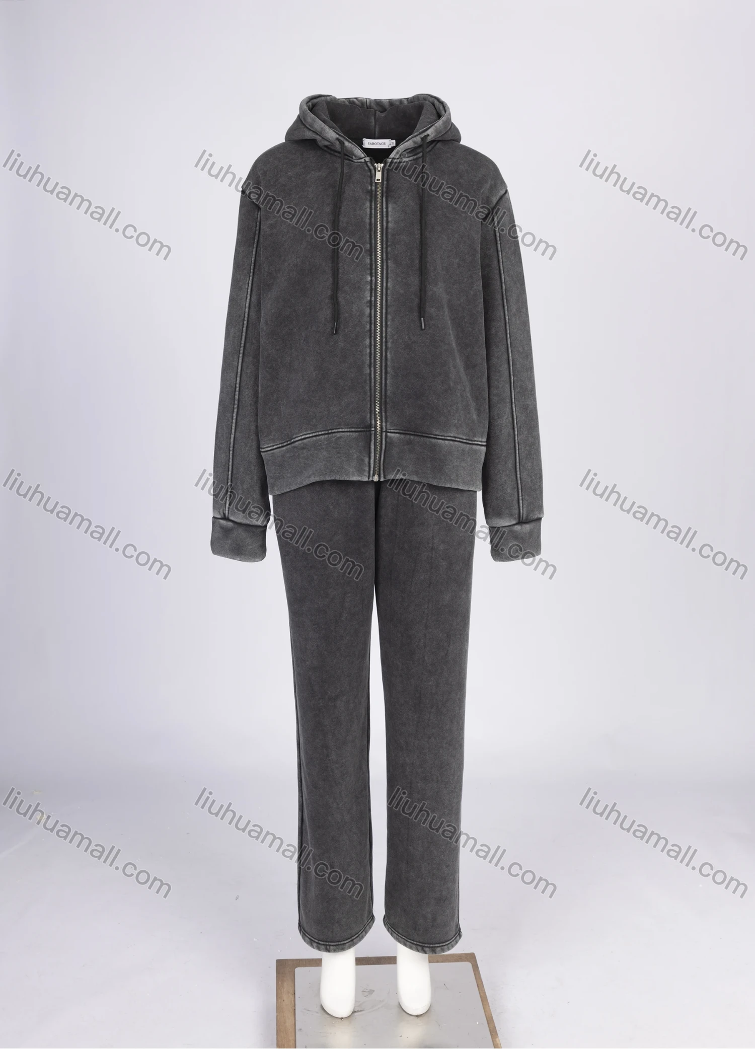 Wholesale Women's Athletic 100%Cotton Plain Long Sleeve Hoodie Zipper Drawstring Wash Jacket & Pant 2 Piece Set - Liuhuamall