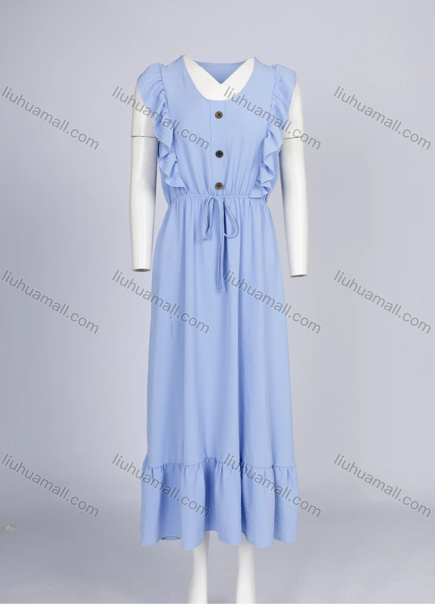 Wholesale Women's Elegant Plain Crew Neck Button Decor Ruffle Trim Hem Ruched Drawstring Midi Dress 1781# - Liuhuamall