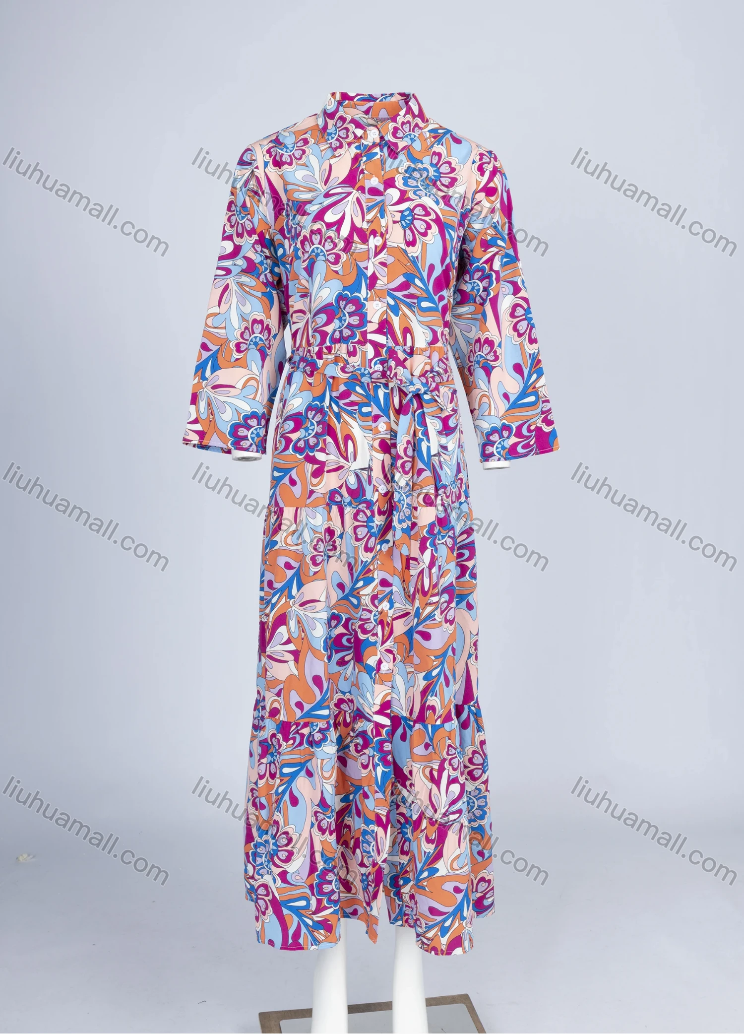 Wholesale Women's Elegant Allover Print Collared Long Sleeve Button Down Ruffle Hem Midi Shirt Dress With Belt W32# - Liuhuamall