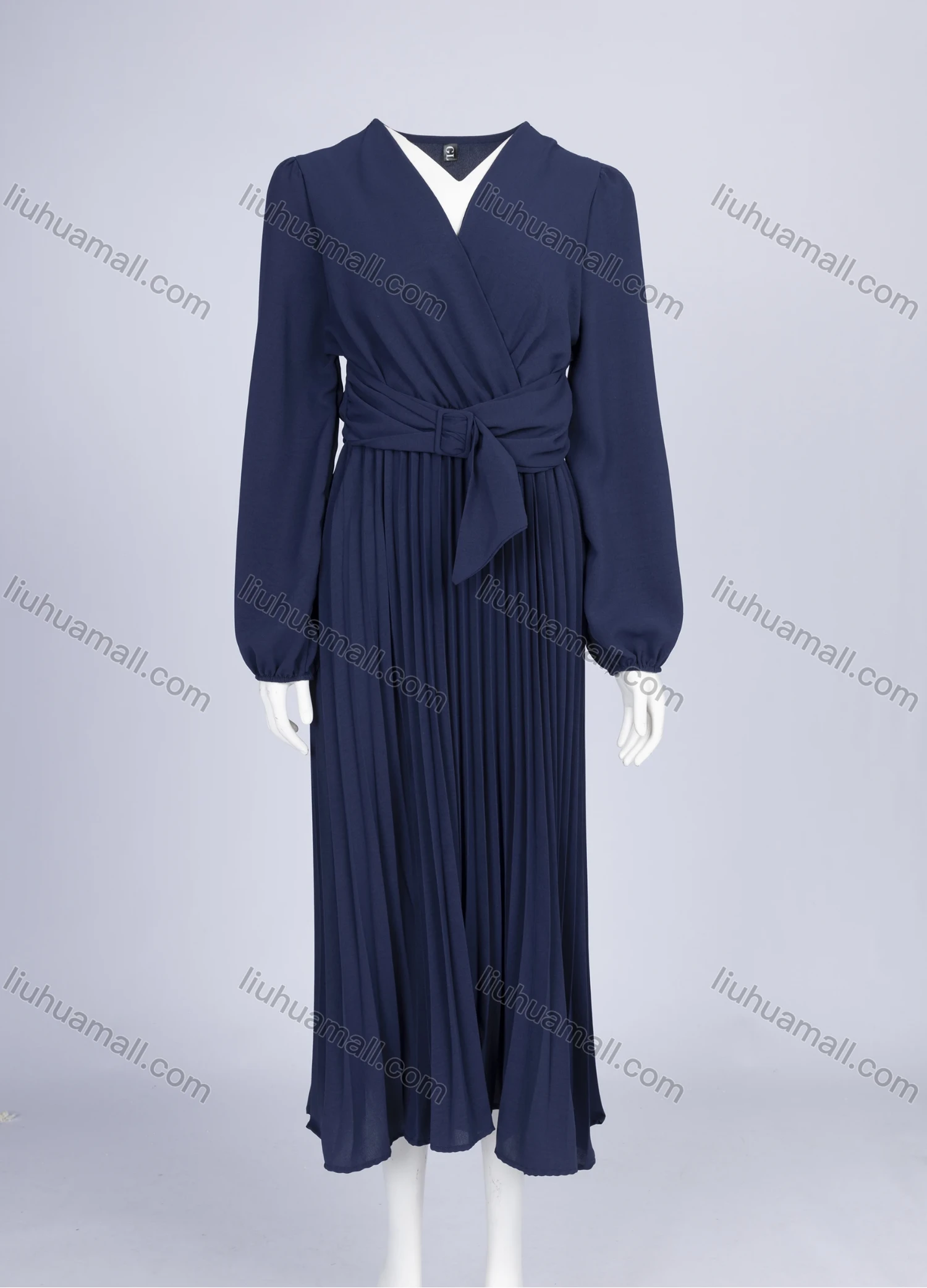 Wholesale Women's Casual Plain Wrap V Neck Long Sleeve Splicing Pleated Midi Dress With Belt W31# - Liuhuamall