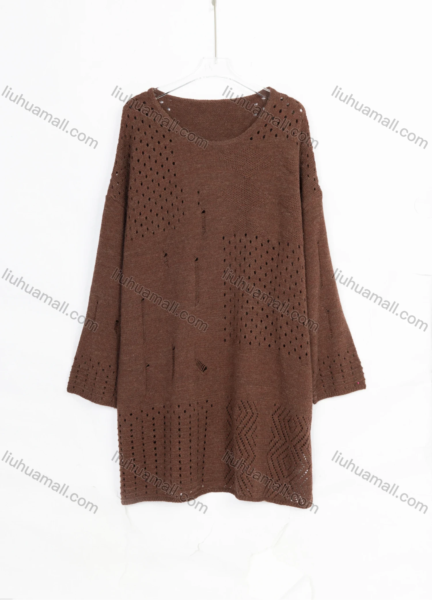 Wholesale Women's Casual Plain Crew Neck Drop Shoulder Ripped Hollow Out Sweater Top 8496# - Liuhuamall