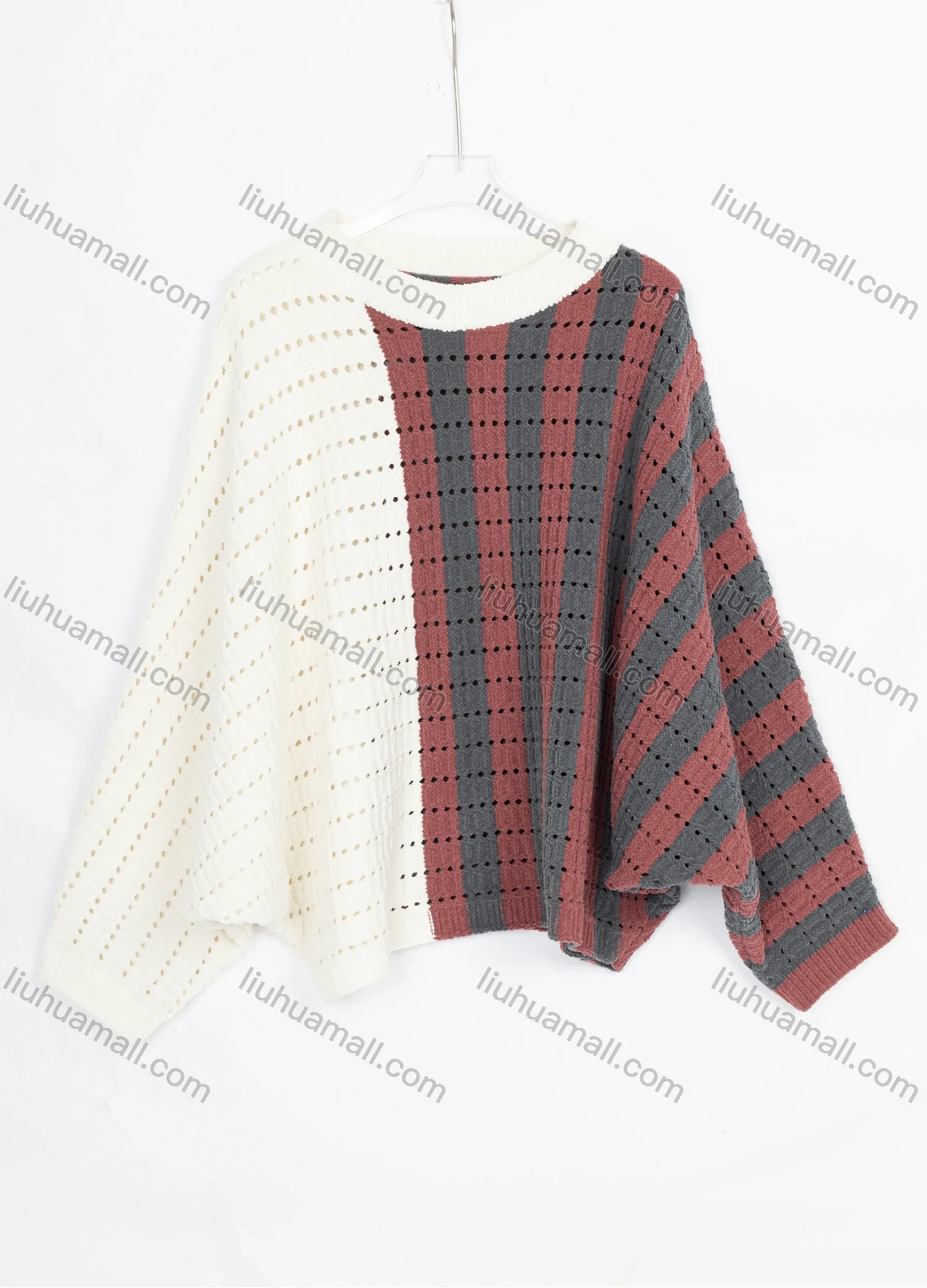 Wholesale Women's Casual Splicing Colorblock Crew Neck Batwing Sleeve Hollow Out Sweater Top 6867# - Liuhuamall