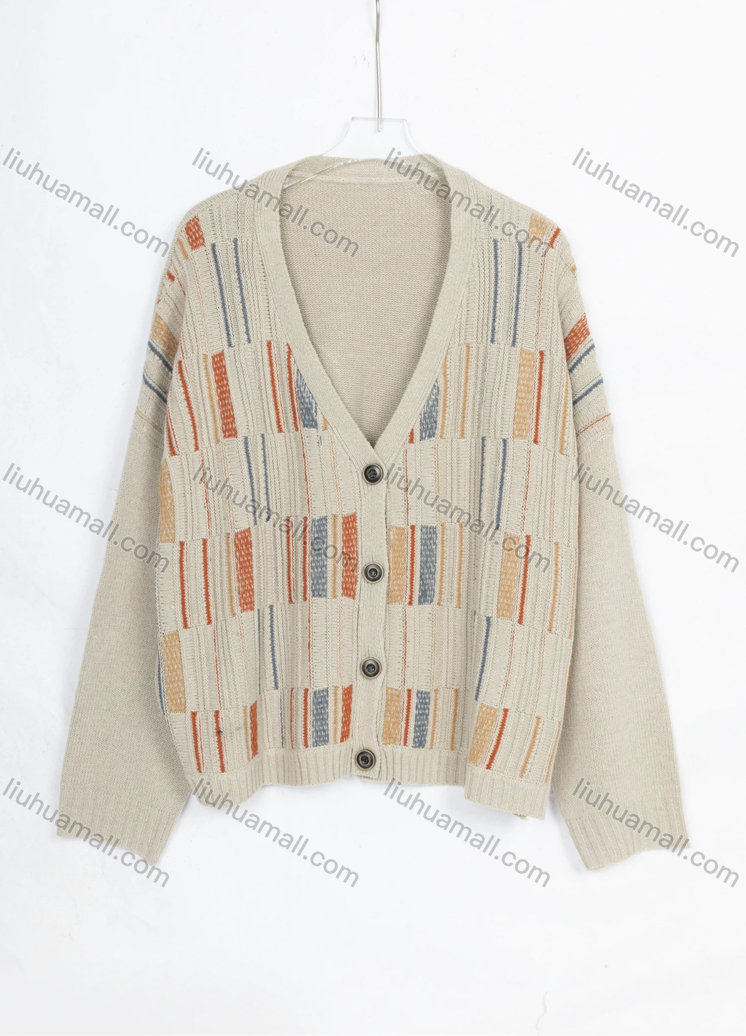 Wholesale Women's Casual Colorful Striped V Neck Long Sleeve Button Down Knit Cardigan 8570# - Liuhuamall