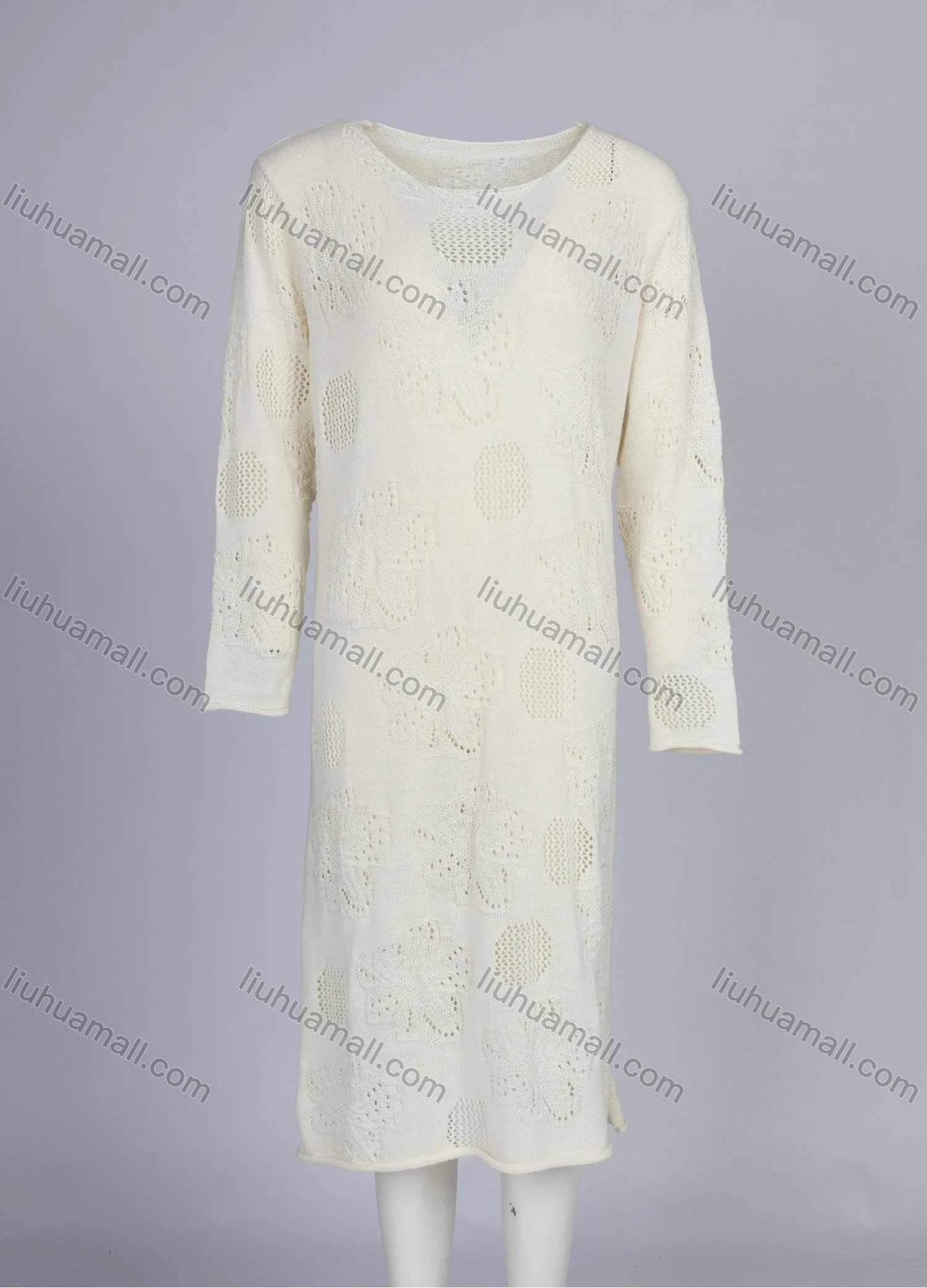 Wholesale Women's Casual Plain Crew Neck Crochet Hollow Out Split Hem Knit Midi Dress 8393# - Liuhuamall