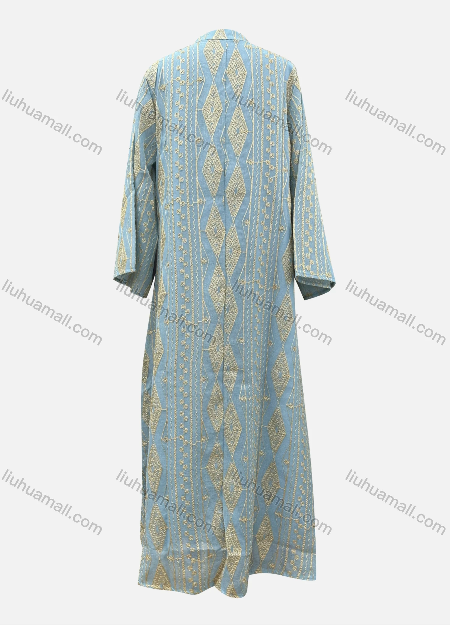 Wholesale Women's Elegant Argyle Thread Embroidery Notched Neck Sequin Long Sleeve Abaya Dress - Liuhuamall