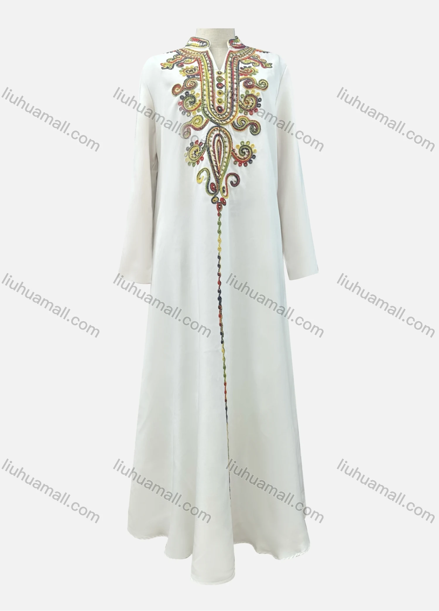 Wholesale Women's Elegant Paisley Folk Art Embroidery Notched Neck Split Long Sleeve Abaya Dress - Liuhuamall