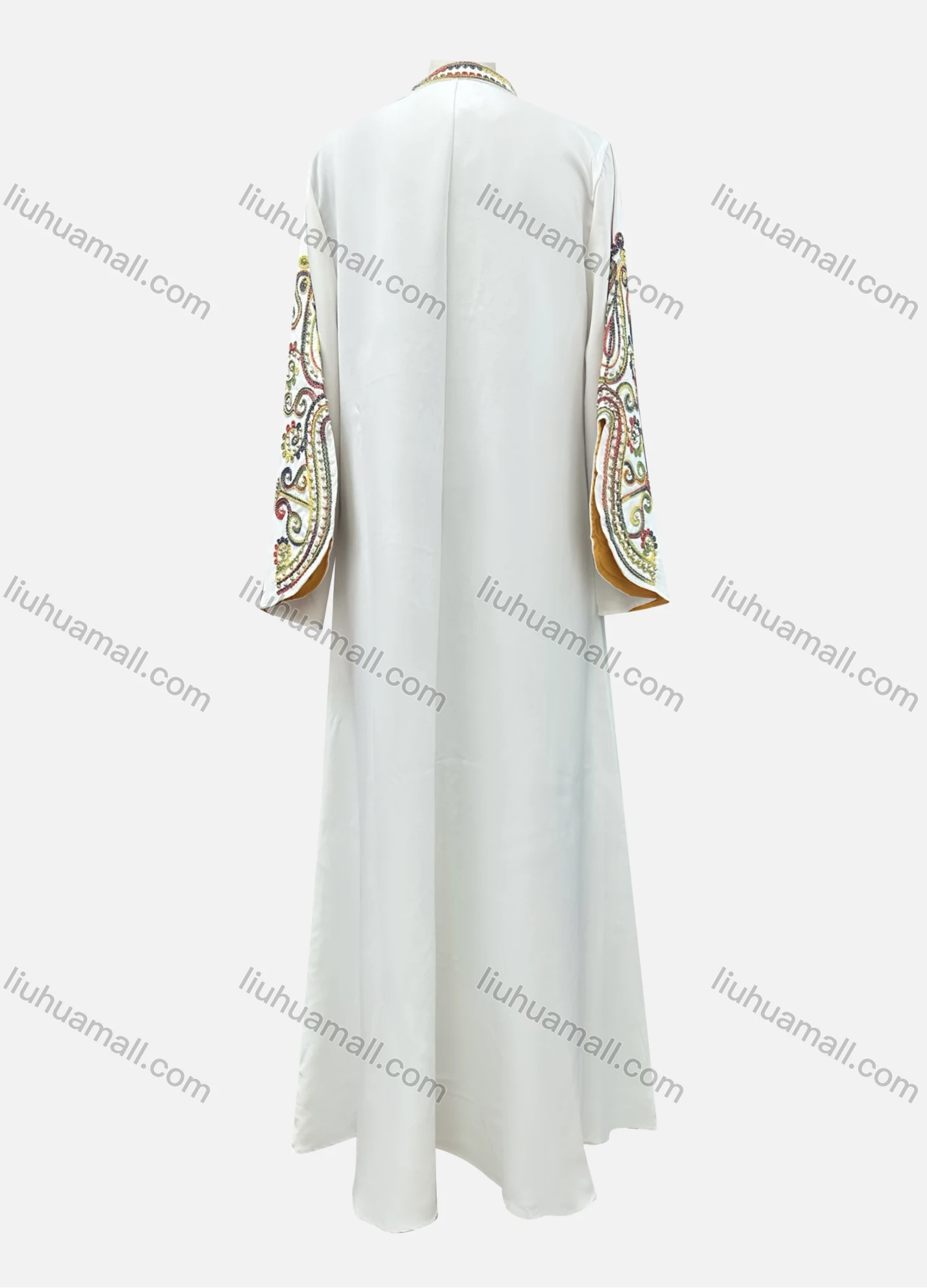 Wholesale Women's Elegant Paisley Folk Art Embroidery Notched Neck Split Long Sleeve Abaya Dress - Liuhuamall