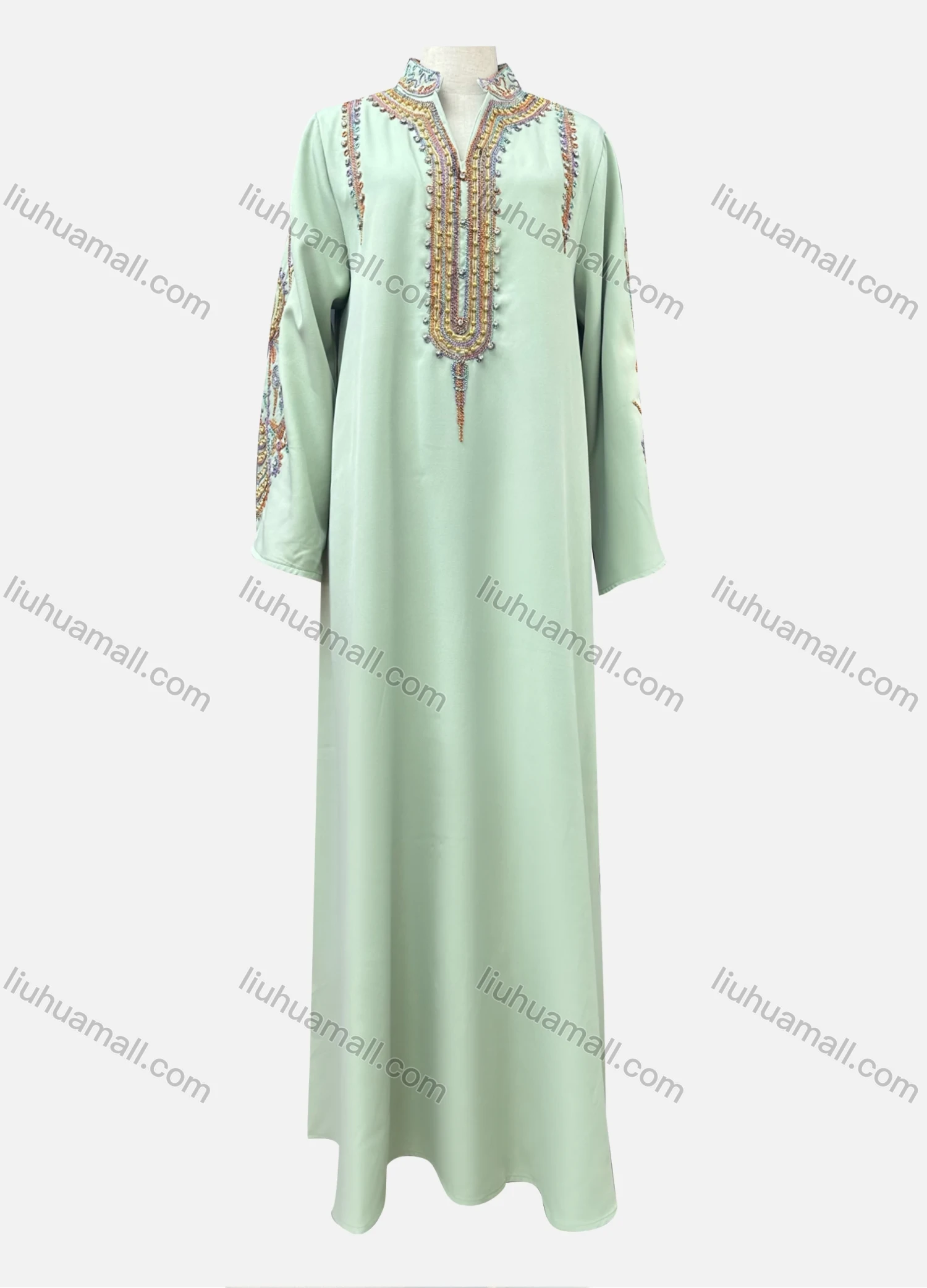 Wholesale Women's Casual Folk Art Embroidery Notched Neck Beaded Decor Long Sleeve Abaya Dress - Liuhuamall