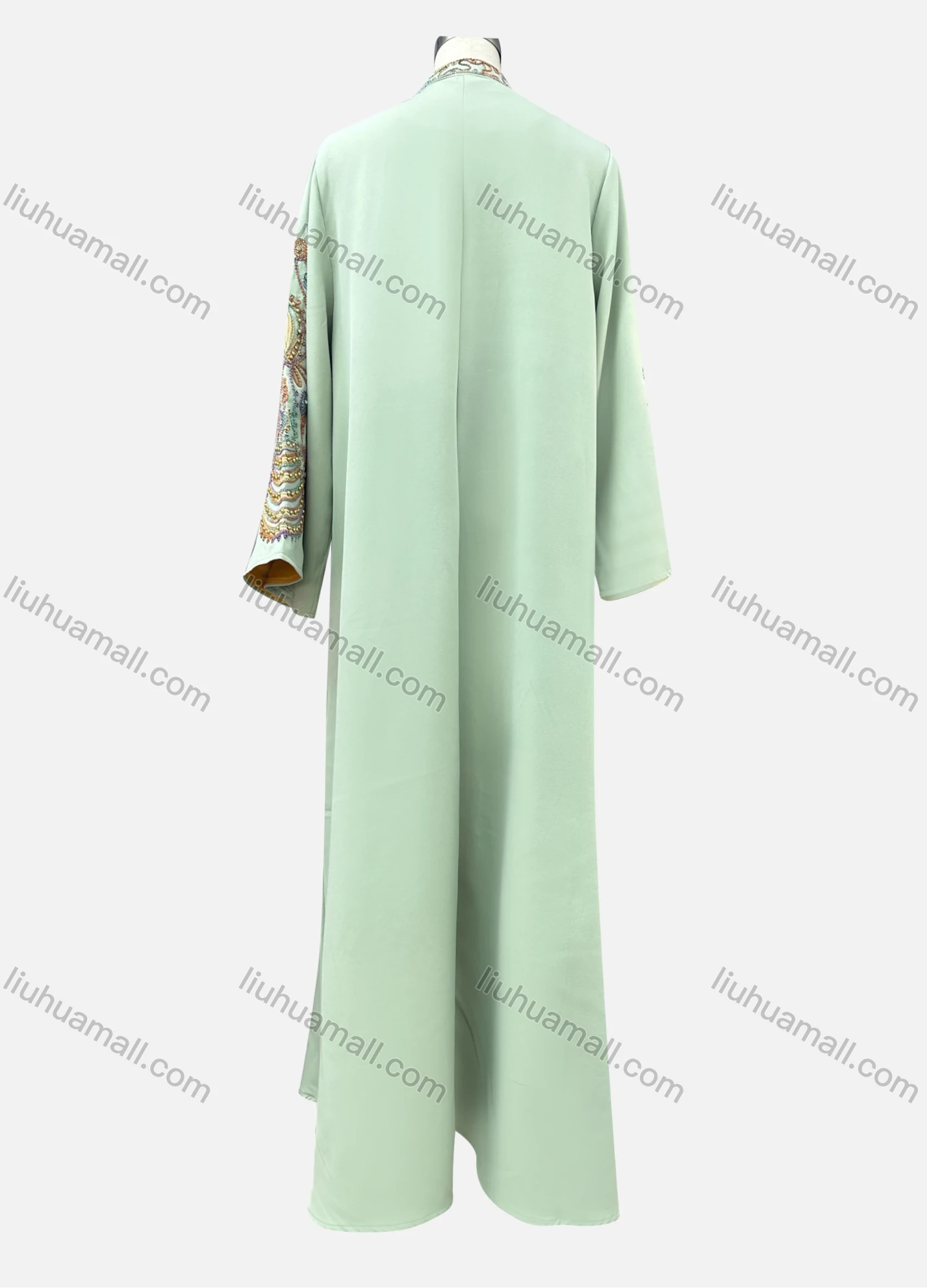 Wholesale Women's Casual Folk Art Embroidery Notched Neck Beaded Decor Long Sleeve Abaya Dress - Liuhuamall