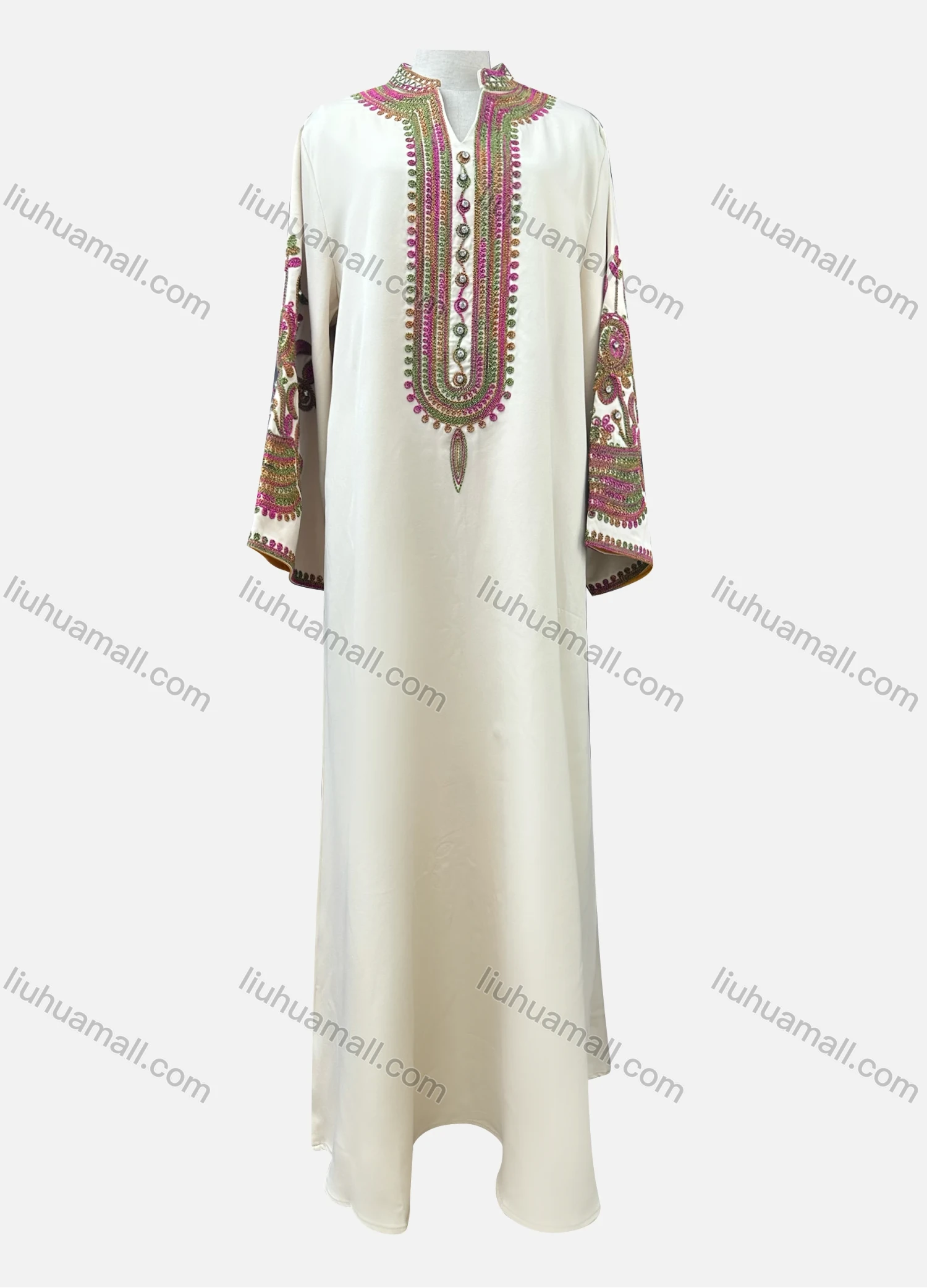 Wholesale Women's Casual Folk Art Embroidery Notched Neck Rhinestone Decor Long Sleeve Abaya Dress - Liuhuamall