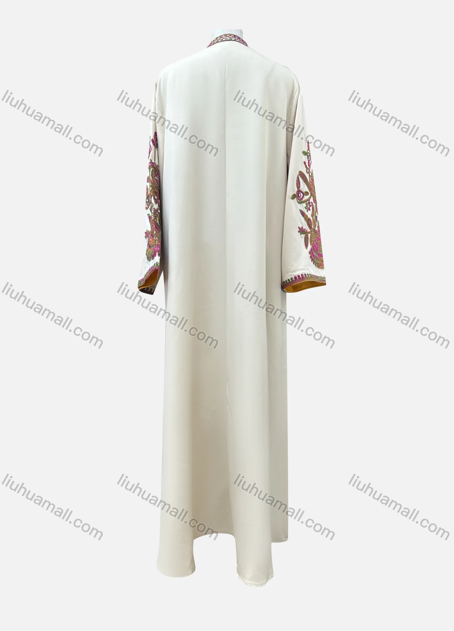 Wholesale Women's Casual Folk Art Embroidery Notched Neck Rhinestone Decor Long Sleeve Abaya Dress - Liuhuamall