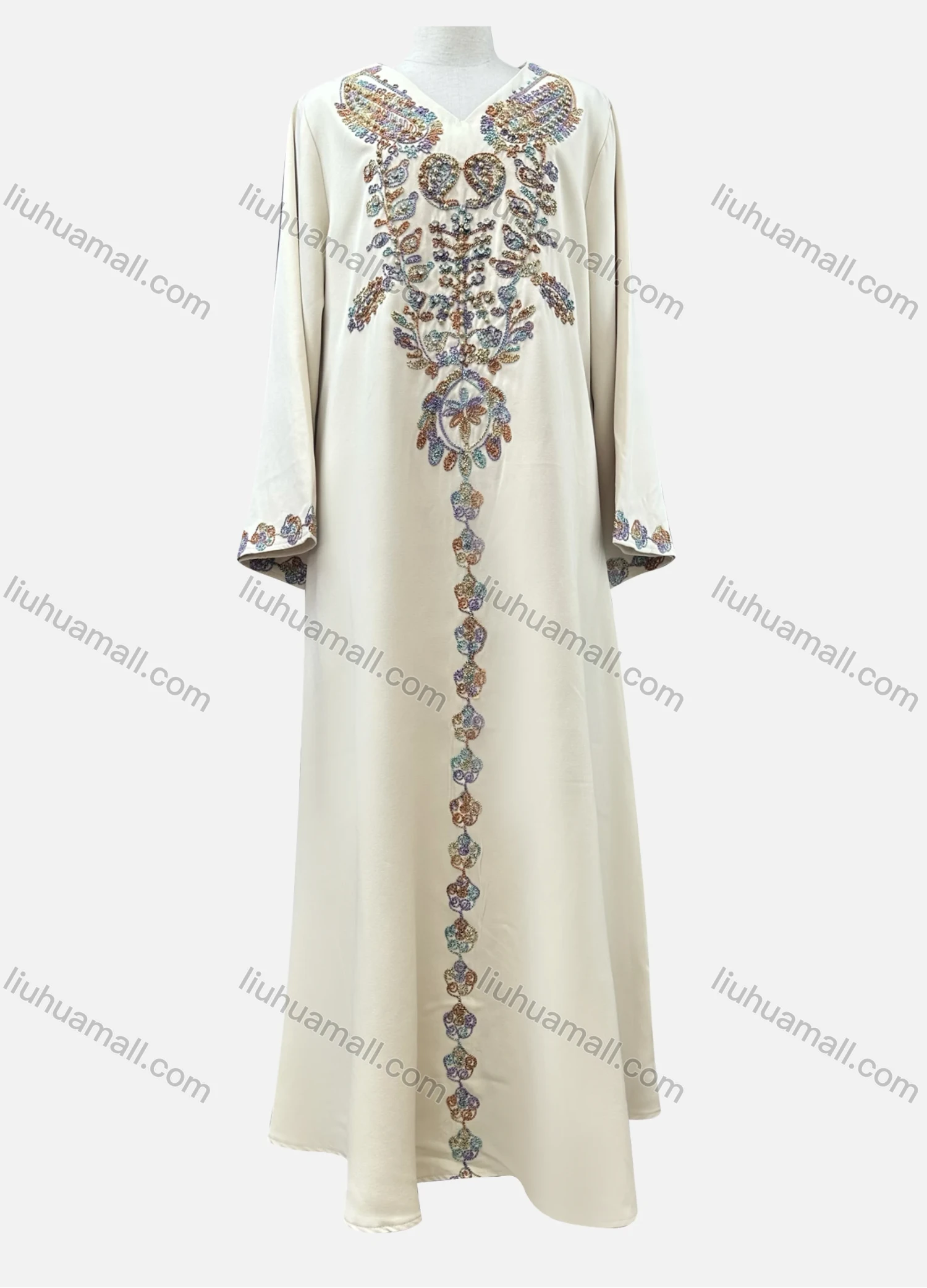 Wholesale Women's Elegant Paisley Embroidery V Neck Beaded Rhinestone Decor Long Sleeve Abaya Dress - Liuhuamall