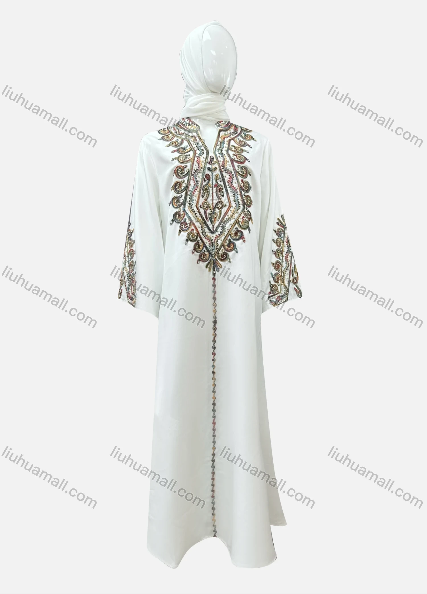 Wholesale Women's Casual Folk Art Embroidery Notched Neck Beaded Rhinestone Decor Long Sleeve Abaya Dress - Liuhuamall