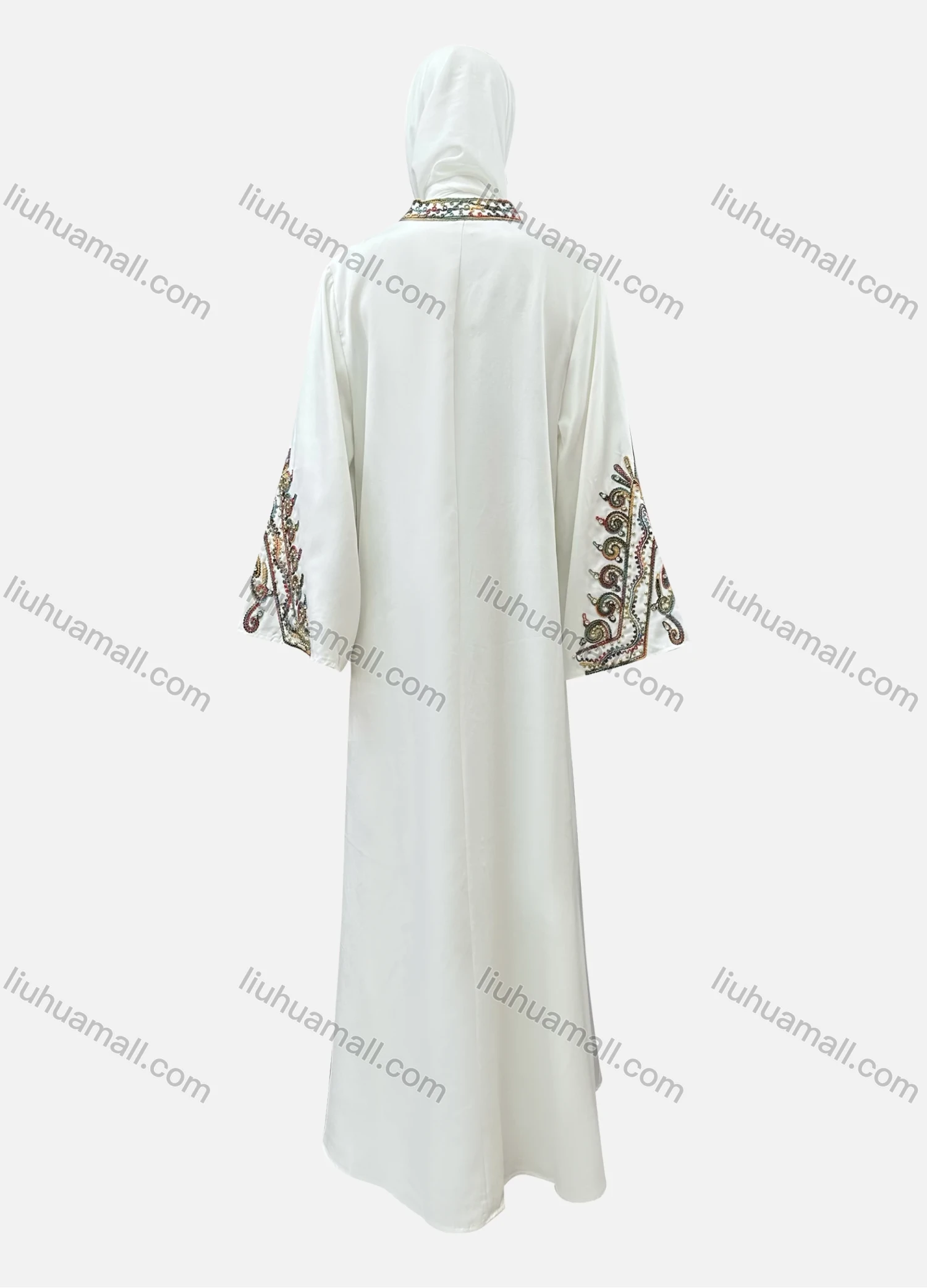 Wholesale Women's Casual Folk Art Embroidery Notched Neck Beaded Rhinestone Decor Long Sleeve Abaya Dress - Liuhuamall