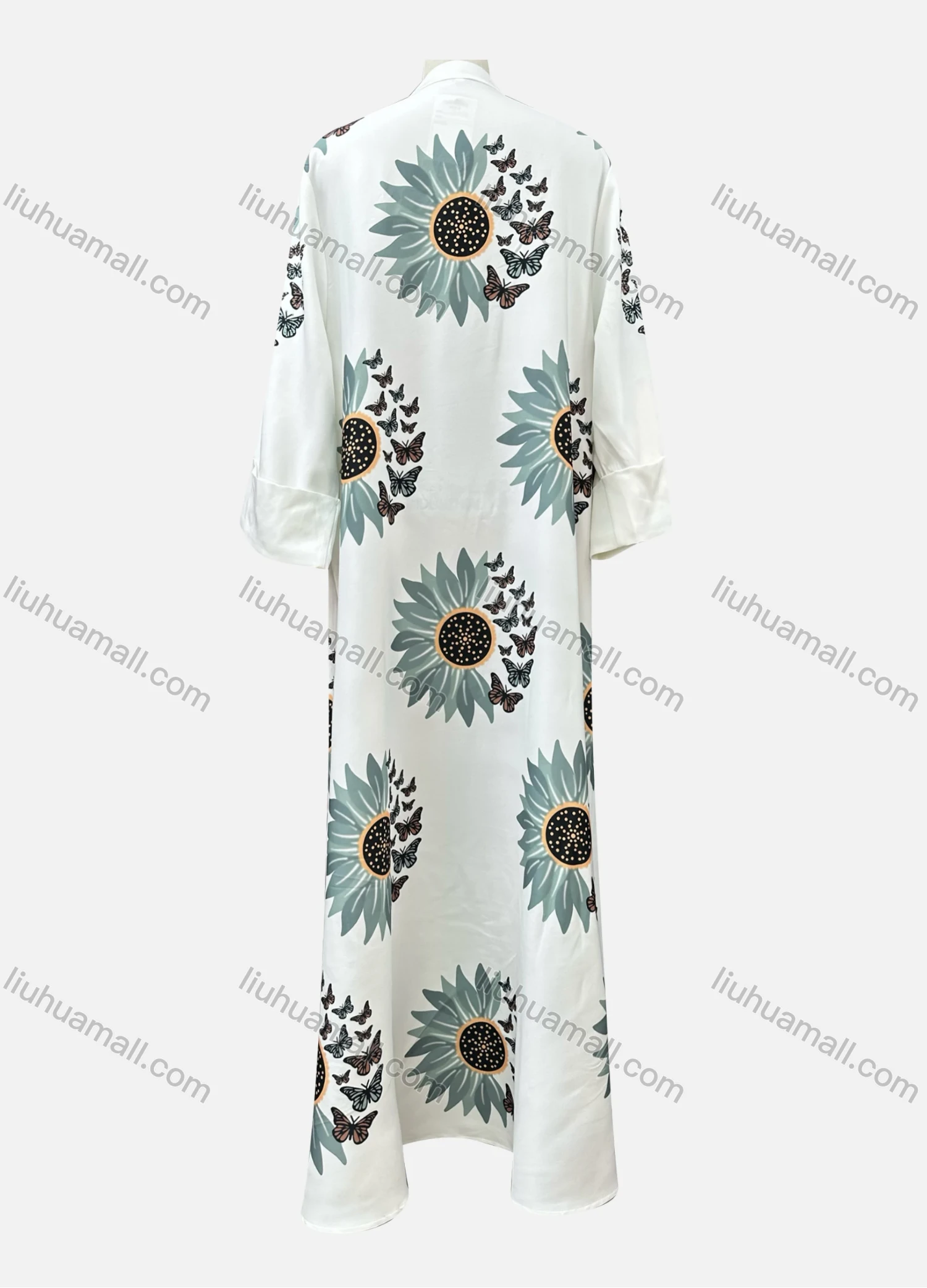 Wholesale Women's Elegant Floral Butterfly Notched Neck Rhinestone Pearl Decor Long Sleeve Abaya Dress - Liuhuamall