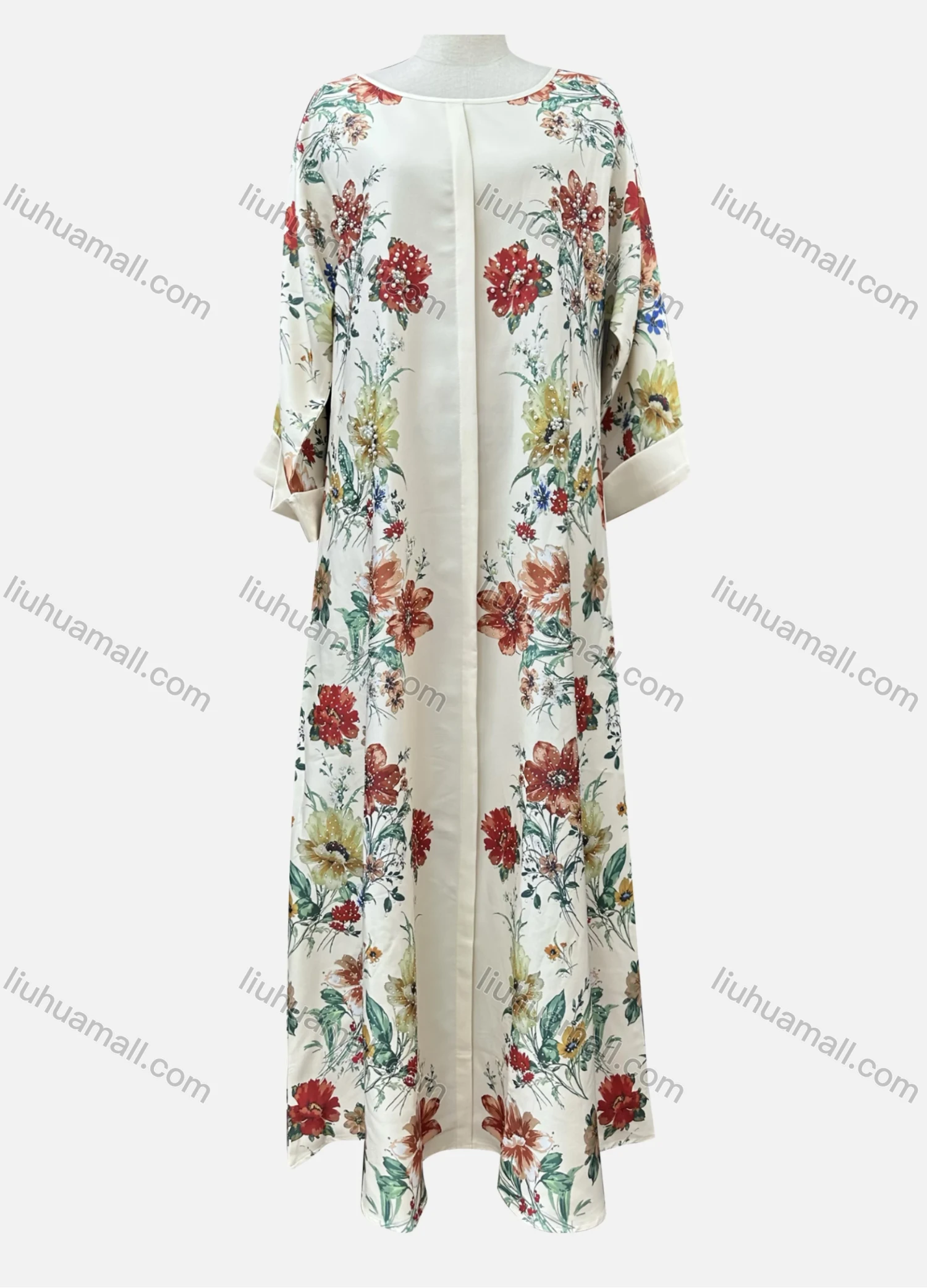 Wholesale Women's Casual Floral Print Crew Neck Rhinestone Pearl Decor Long Sleeve Abaya Dress - Liuhuamall