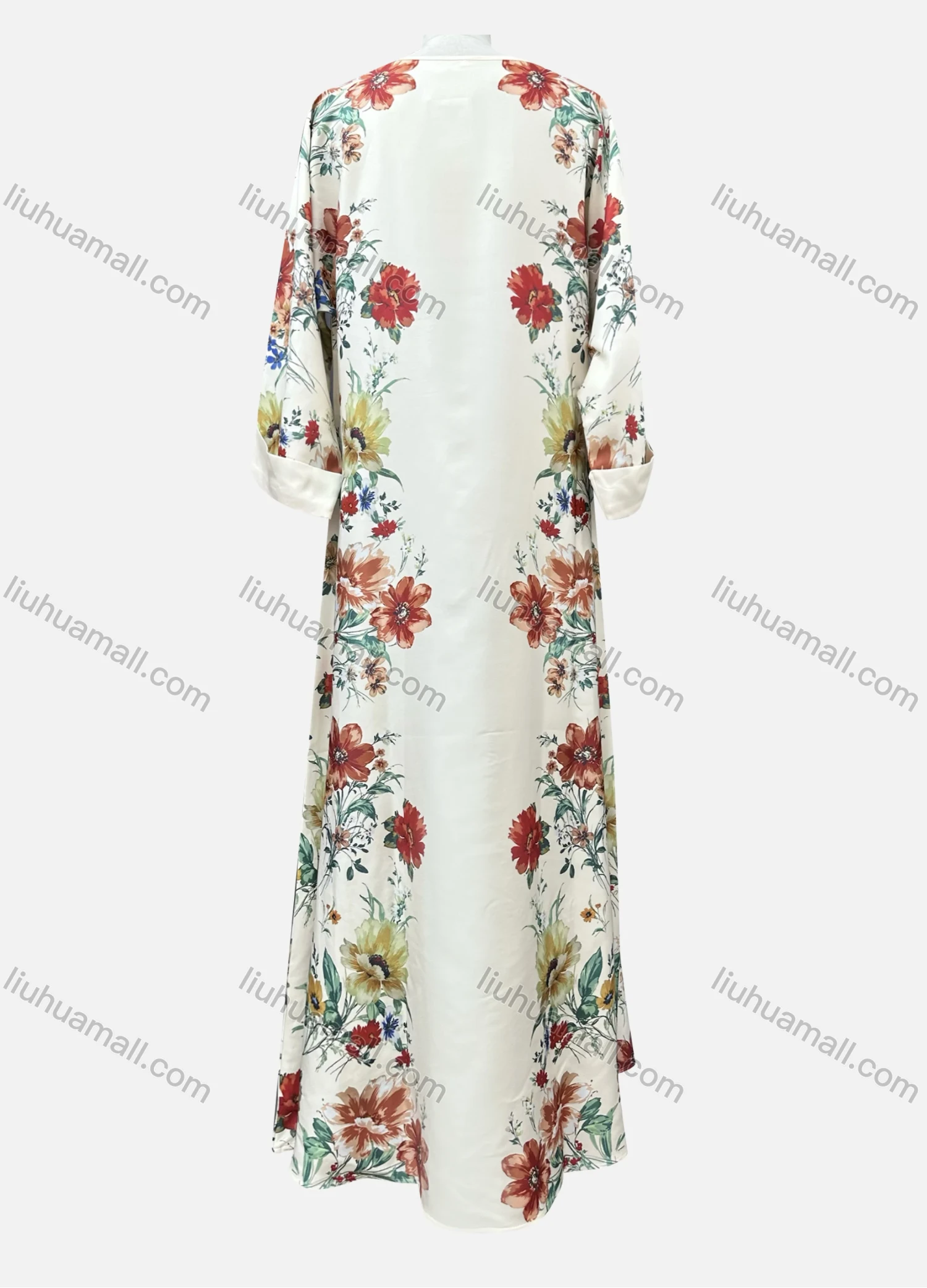 Wholesale Women's Casual Floral Print Crew Neck Rhinestone Pearl Decor Long Sleeve Abaya Dress - Liuhuamall