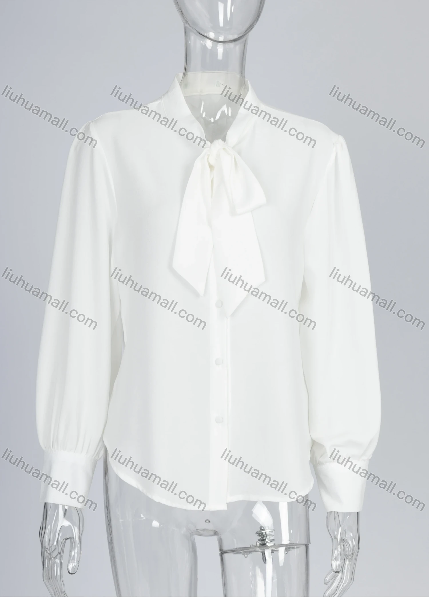 Wholesale Women's Elegant Plain Tie Neck Ruched Button Down Long Sleeve Blouse - Liuhuamall