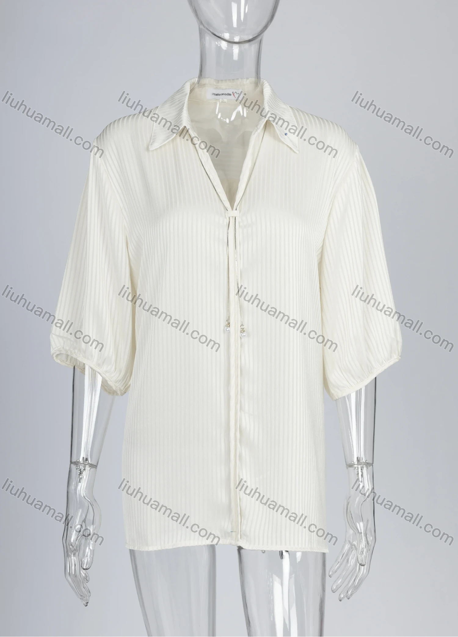 Wholesale Women's Casual Striped Turn-down Collar Pearl Decor Half Sleeve Blouse - Liuhuamall
