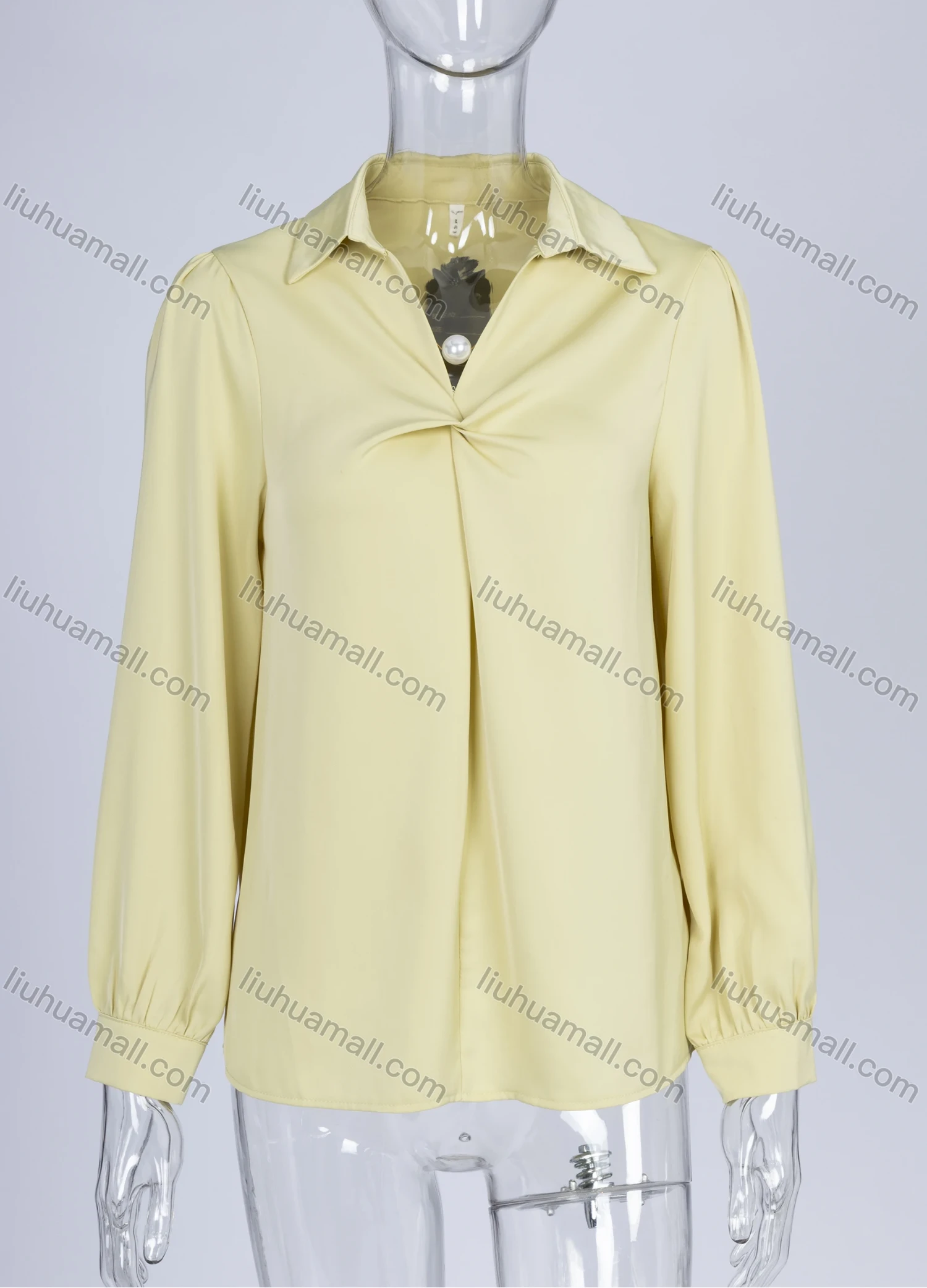 Wholesale Women's Casual Plain Turn-down Collar Pearl Decor Twist Ruched Long Sleeve Blouse - Liuhuamall