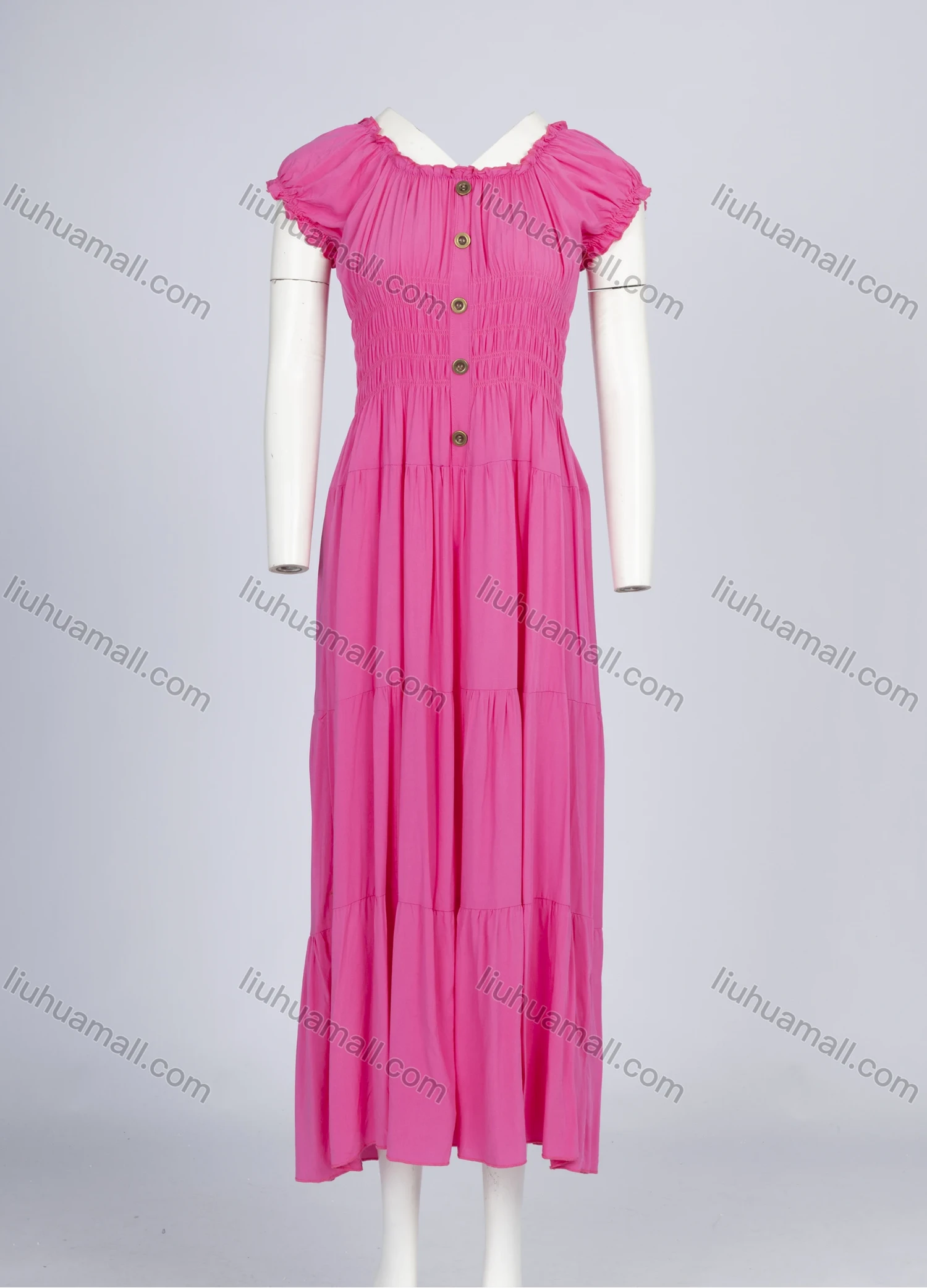 Wholesale Women's Casual Plain Square Neck Ruched Shirred Button Decor Ruffle Trim Hem Midi Dress 620-1# - Liuhuamall