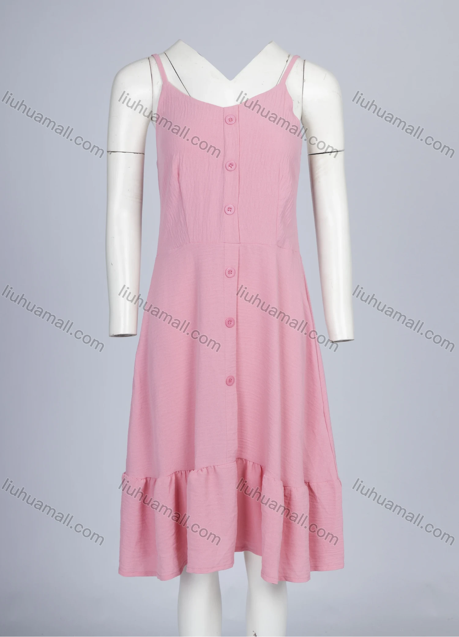 Wholesale Women's Casual Plain Ruched Ruffle Hem Button Front Cami Dress 1805# - Liuhuamall