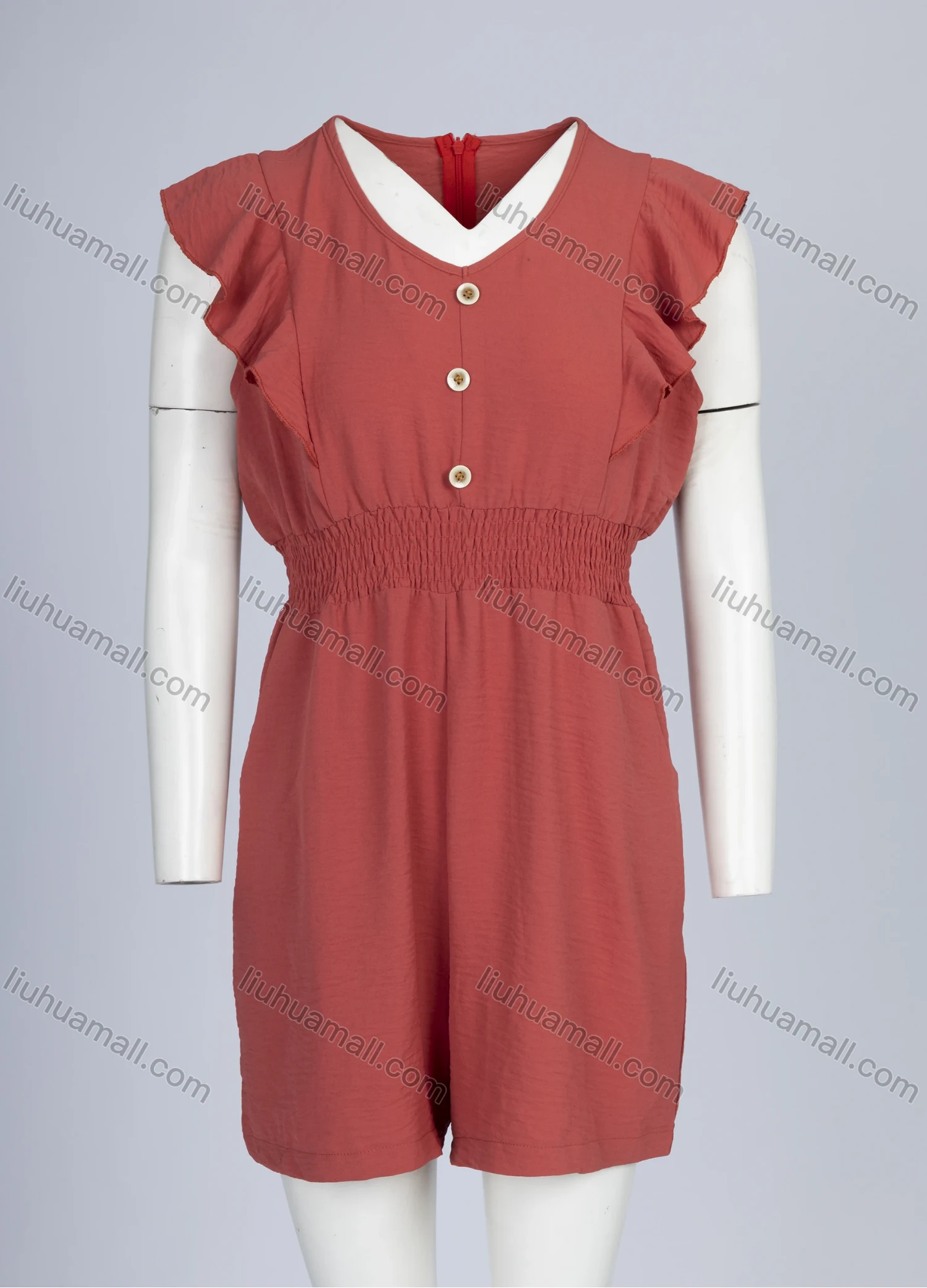 Wholesale Women's Elegant Plain Crew Neck Shirred Button Decor Ruffle Trim Romper 1803# - Liuhuamall