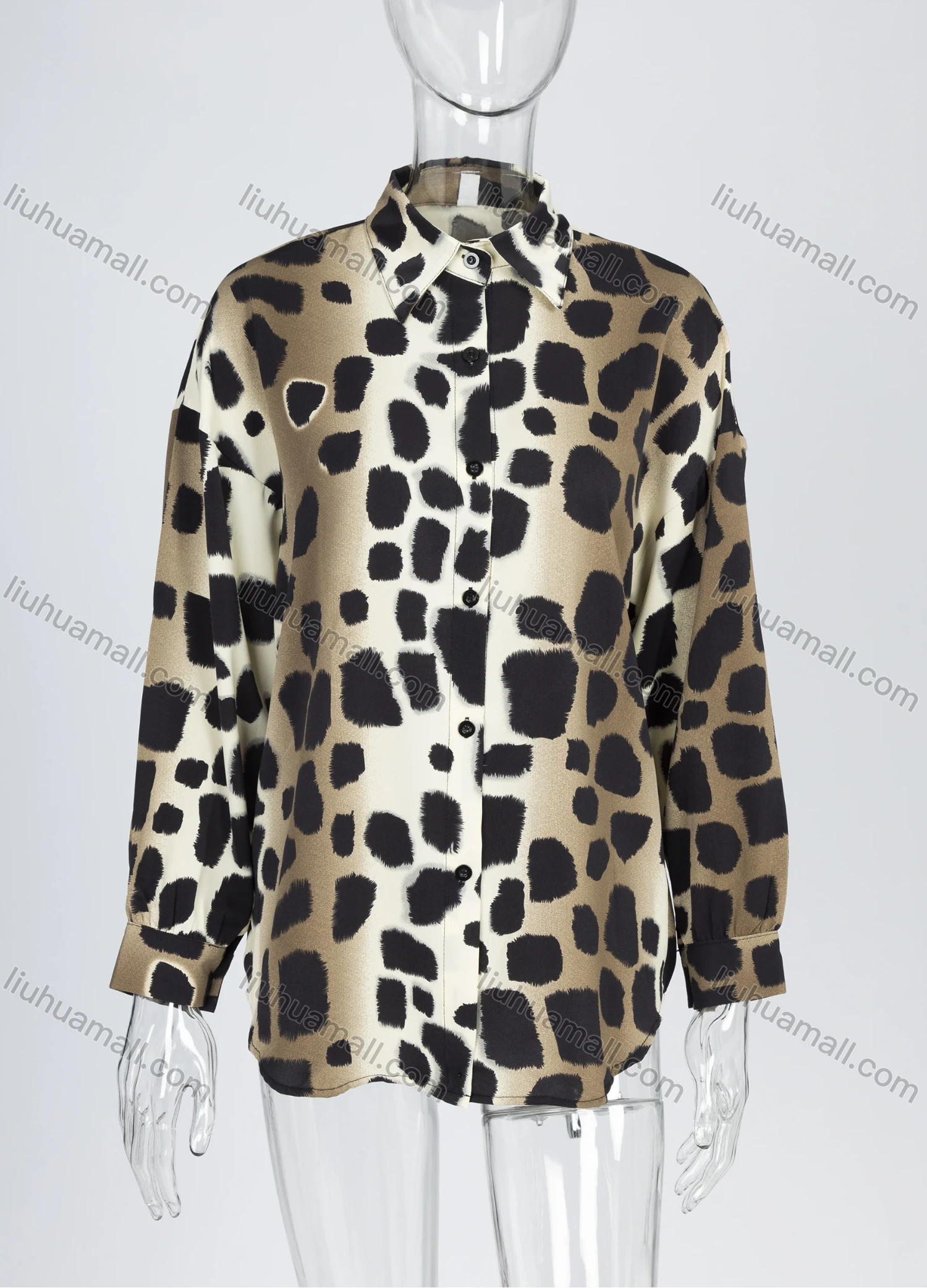 Wholesale Women's Fashion Leopard Print Collared Long Sleeve Button Down Curved Hem Shirt 2006# - Liuhuamall
