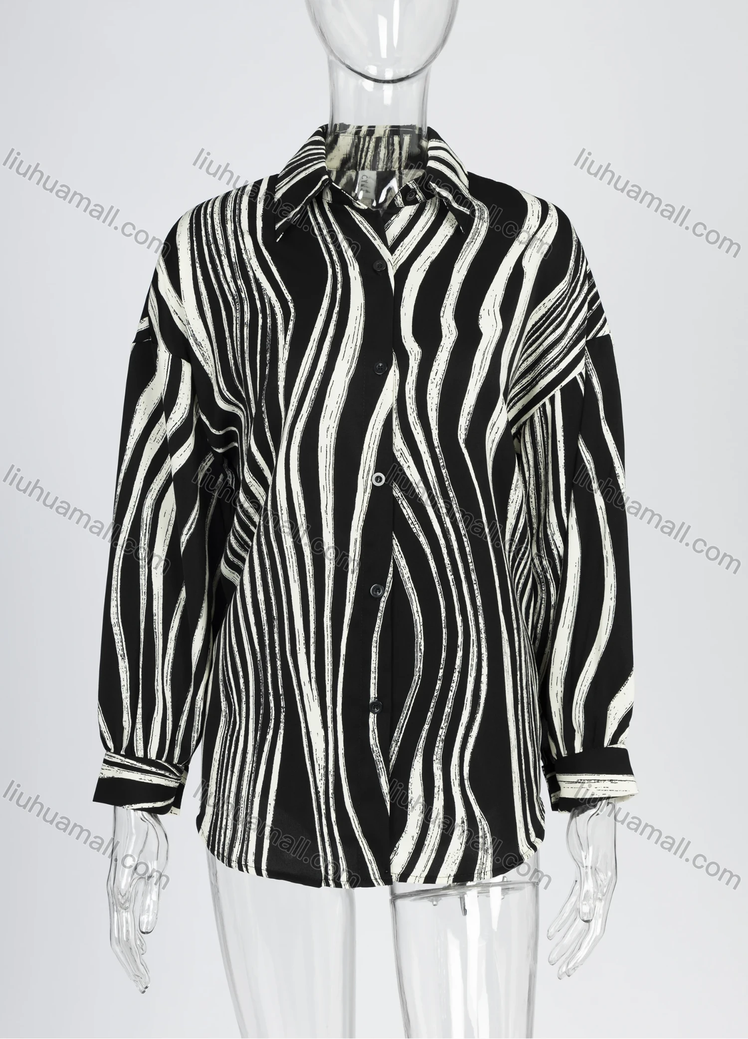 Wholesale Women's Fashion Abstract Striped Collared Long Sleeve Button Down Shirt 2006# - Liuhuamall