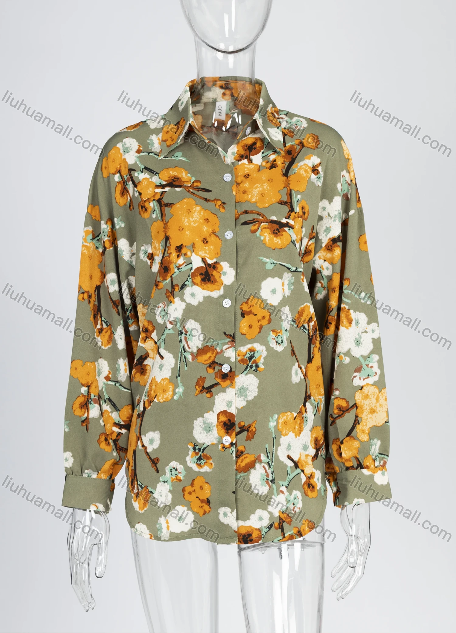 Wholesale Women's Fashion Floral Collared Long Sleeve Ruched Button Down Curved Hem Shirt 2006# - Liuhuamall