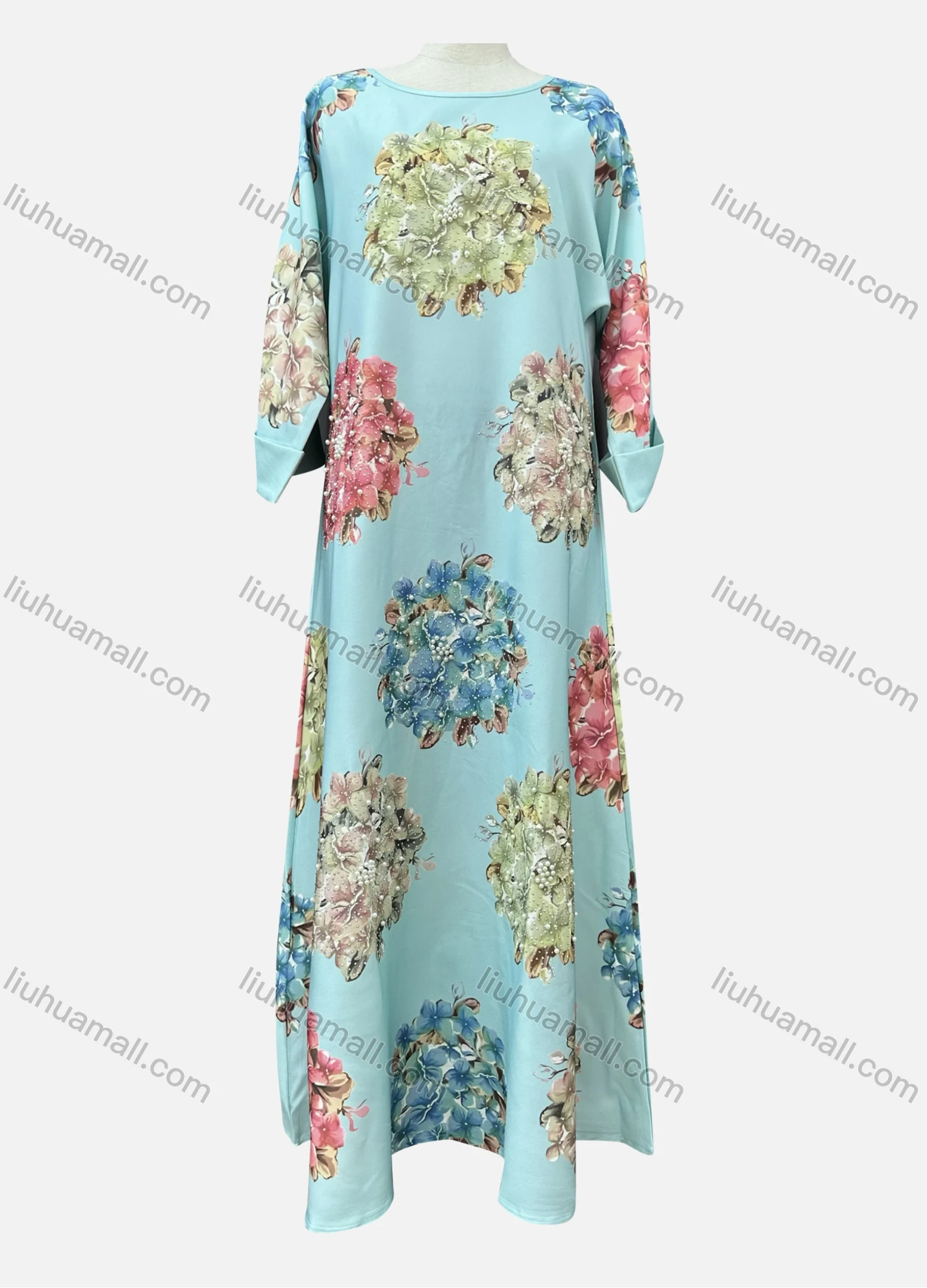 Wholesale Women's Casual Floral Print Crew Neck Pearl Rhinestone Decor Long Sleeve Abaya Dress - Liuhuamall