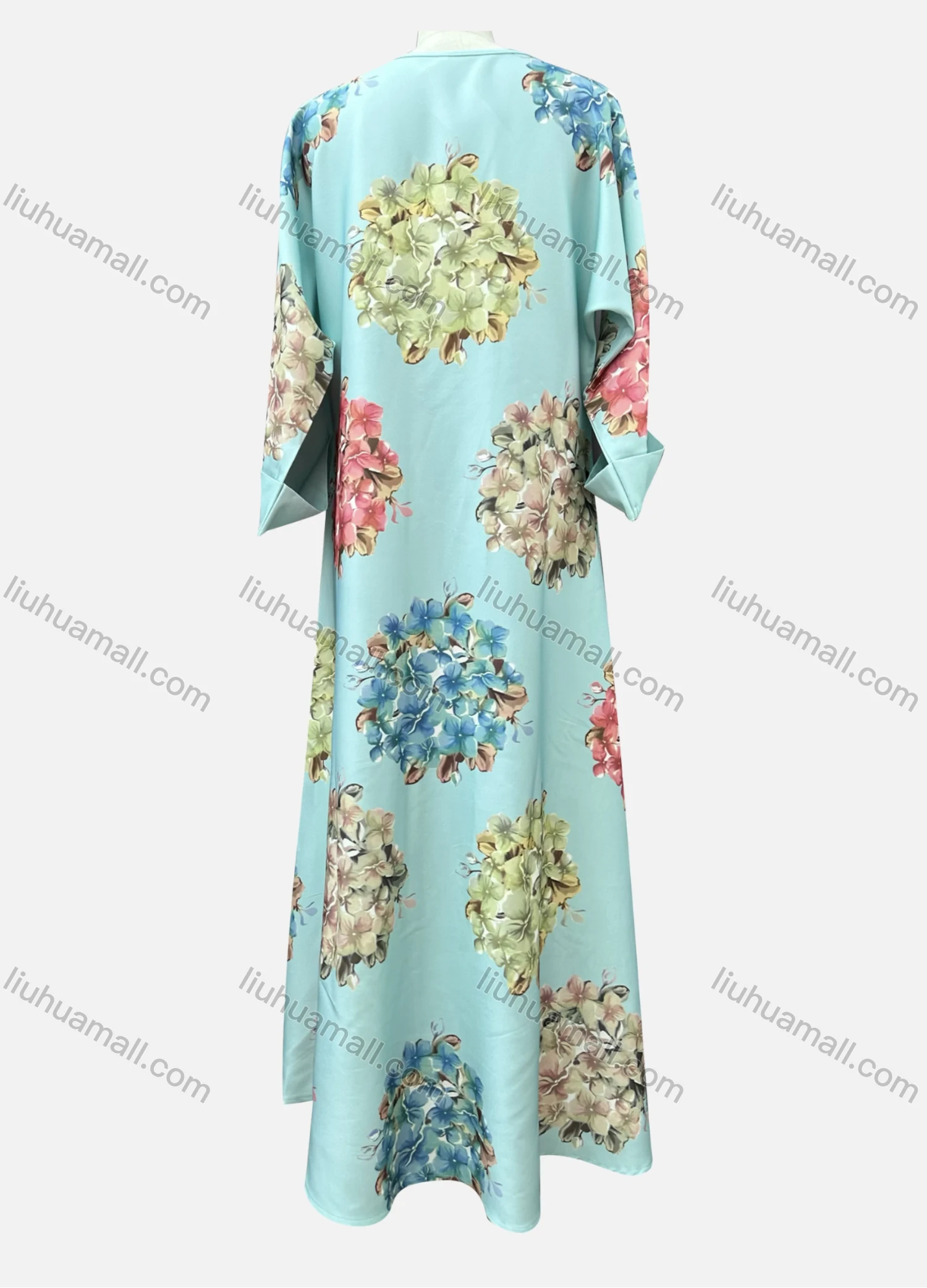 Wholesale Women's Casual Floral Print Crew Neck Pearl Rhinestone Decor Long Sleeve Abaya Dress - Liuhuamall