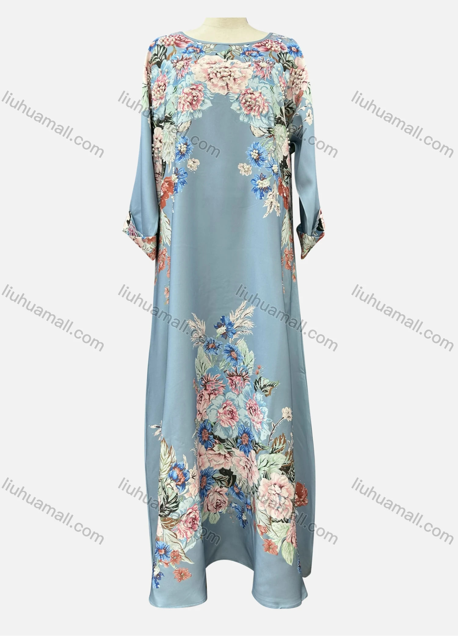 Wholesale Women's Casual Floral Print Crew Neck Pearl Decor Long Sleeve Abaya Dress - Liuhuamall