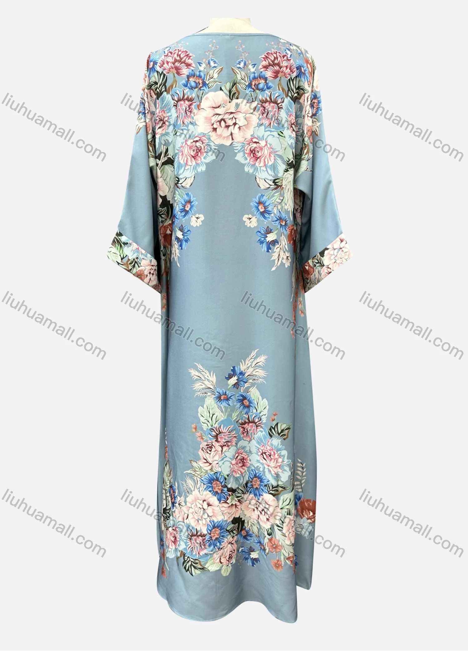 Wholesale Women's Casual Floral Print Crew Neck Pearl Decor Long Sleeve Abaya Dress - Liuhuamall