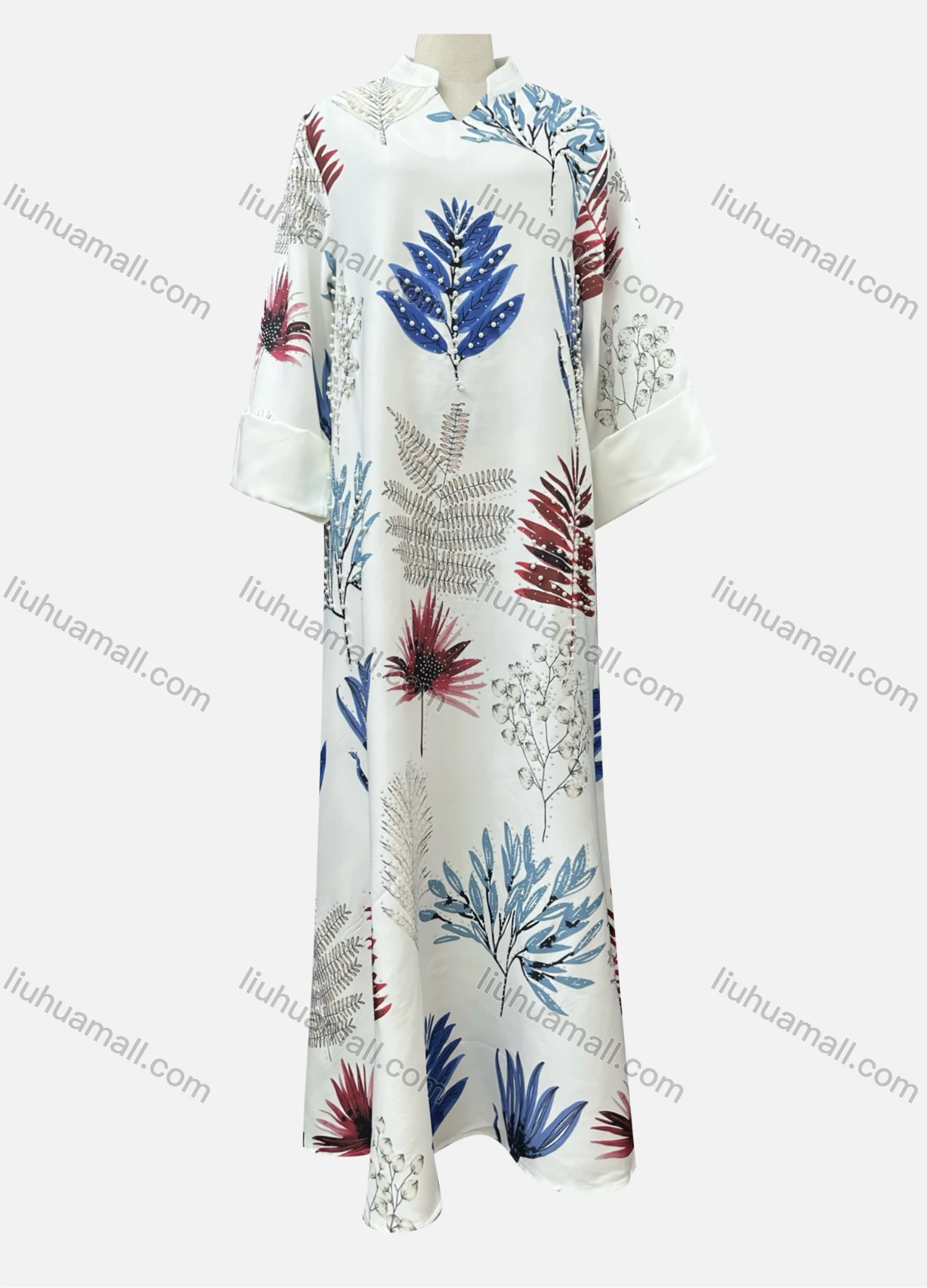 Wholesale Women's Elegant Leaf Print Pearl Rhinestone Decor Notched Neck Long Sleeve Abaya Dress - Liuhuamall