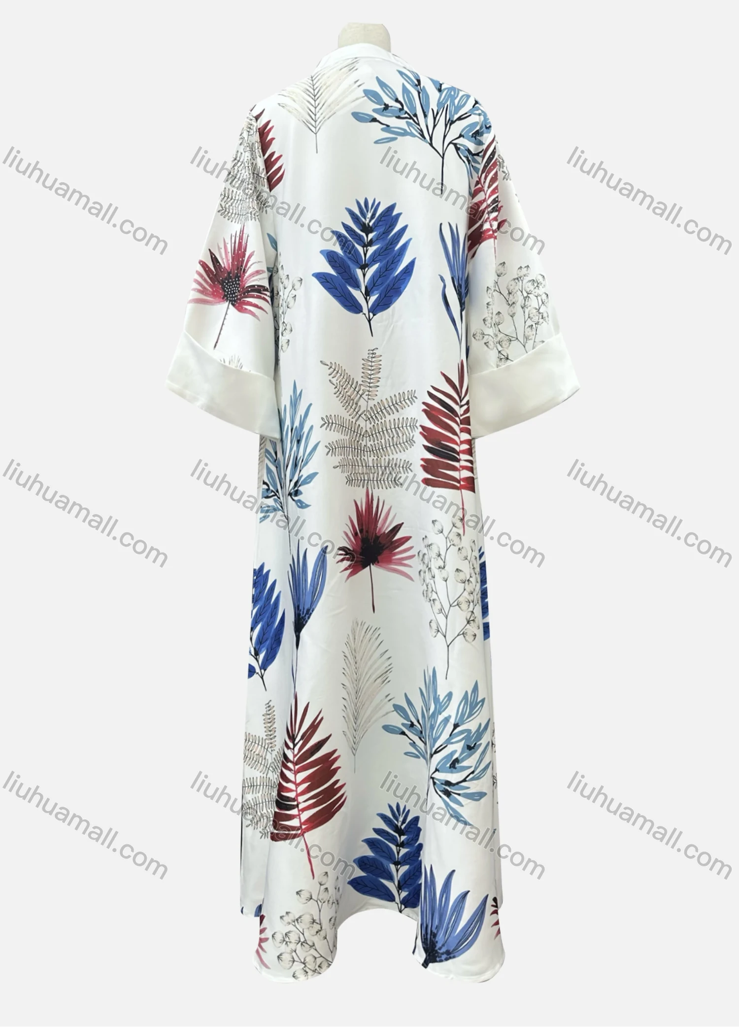 Wholesale Women's Elegant Leaf Print Pearl Rhinestone Decor Notched Neck Long Sleeve Abaya Dress - Liuhuamall