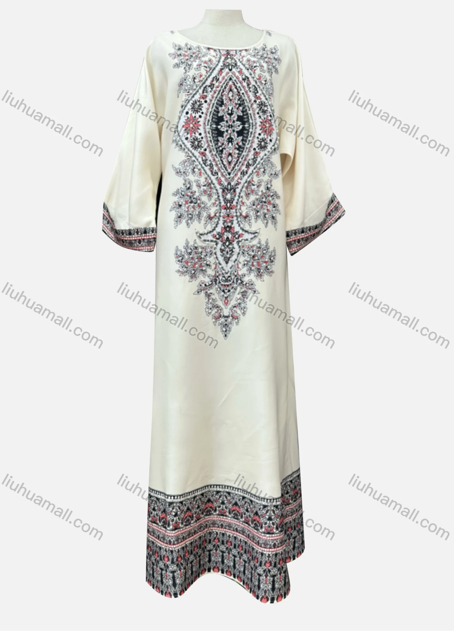 Wholesale Women's Elegant Folk Art Pearl Decor Crew Neck Long Sleeve Abaya Dress - Liuhuamall