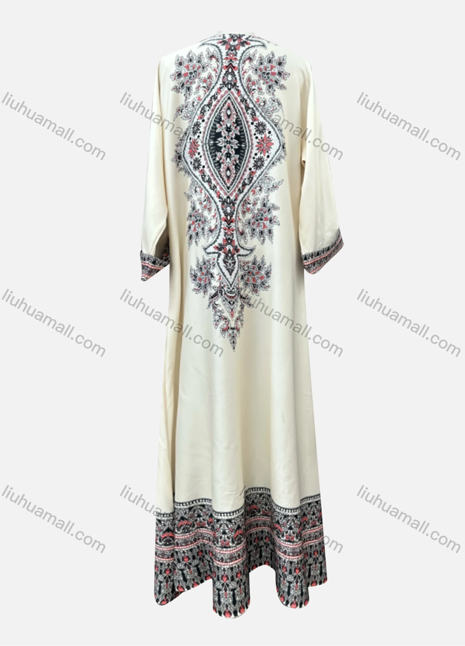 Wholesale Women's Elegant Folk Art Pearl Decor Crew Neck Long Sleeve Abaya Dress - Liuhuamall