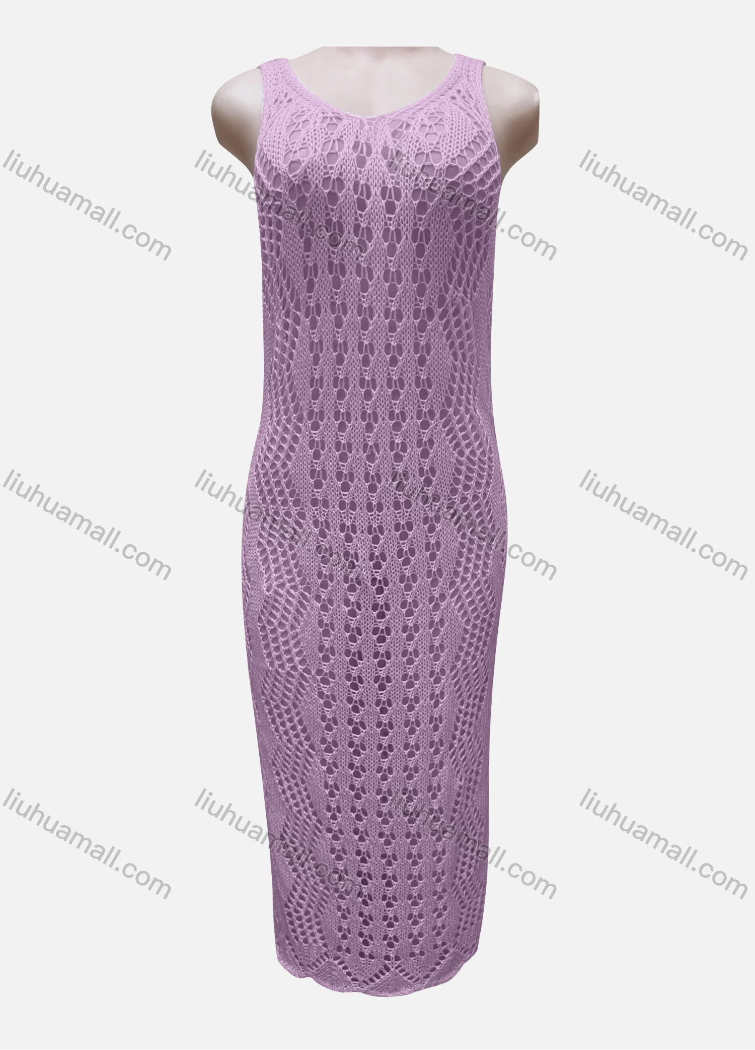 Wholesale Women's Vacation Plain Hollow Out Crochet Cover Up Tank Dress X84# - Liuhuamall