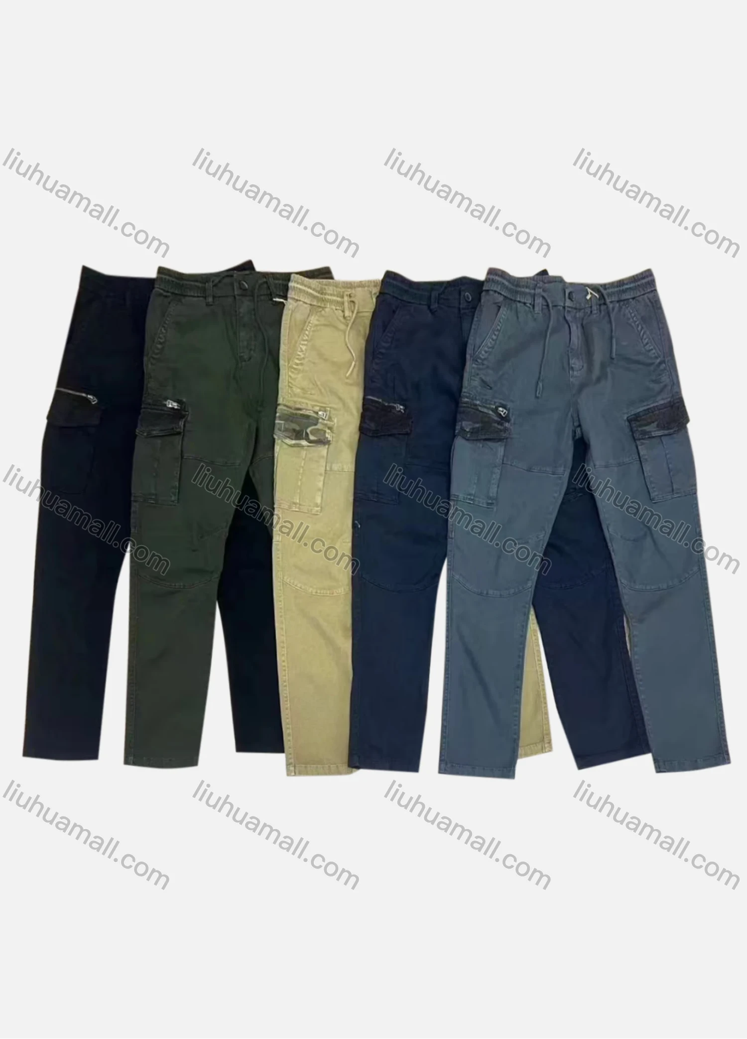 Wholesale Men's Casual Flap Pockets Plain Drawstring Cargo Pant AK7369# - Liuhuamall