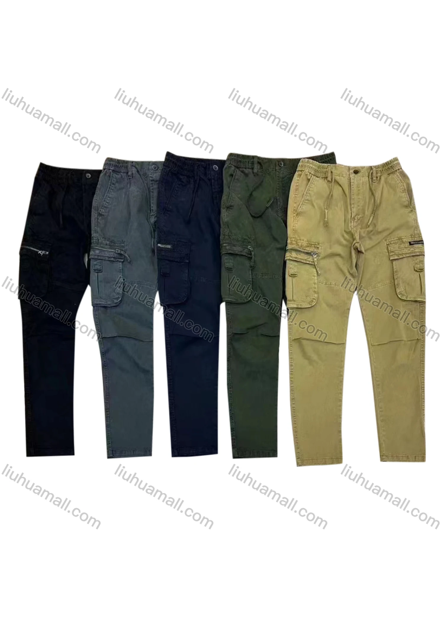 Wholesale Men's Casual Zipper Flap Pockets Drawstring Plain Cargo Pant AK7376# - Liuhuamall
