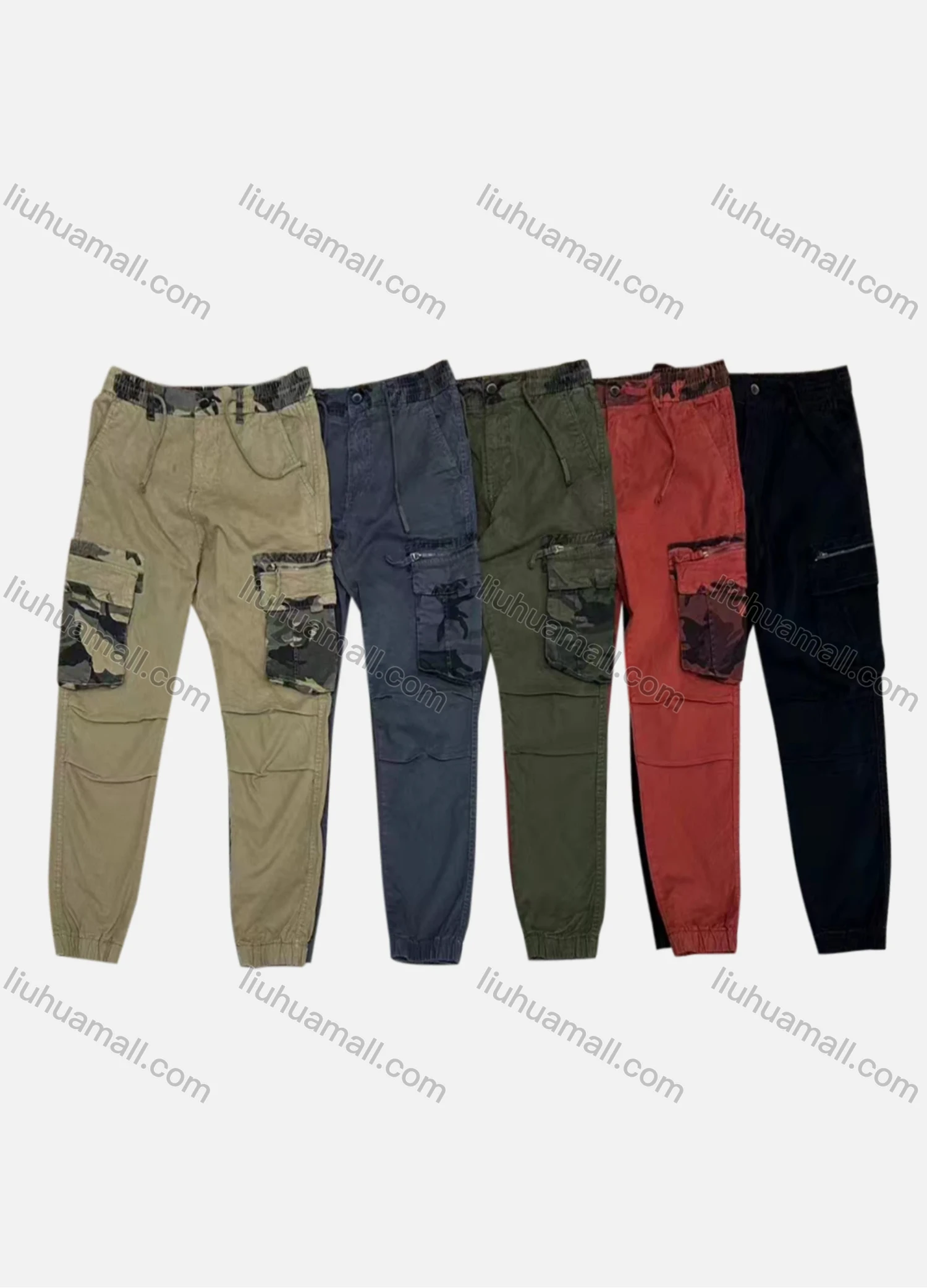 Wholesale Men's Casual Flap Pockets Drawstring Plain Splicing Camouflage Pleated Cargo Pant AK7378# - Liuhuamall