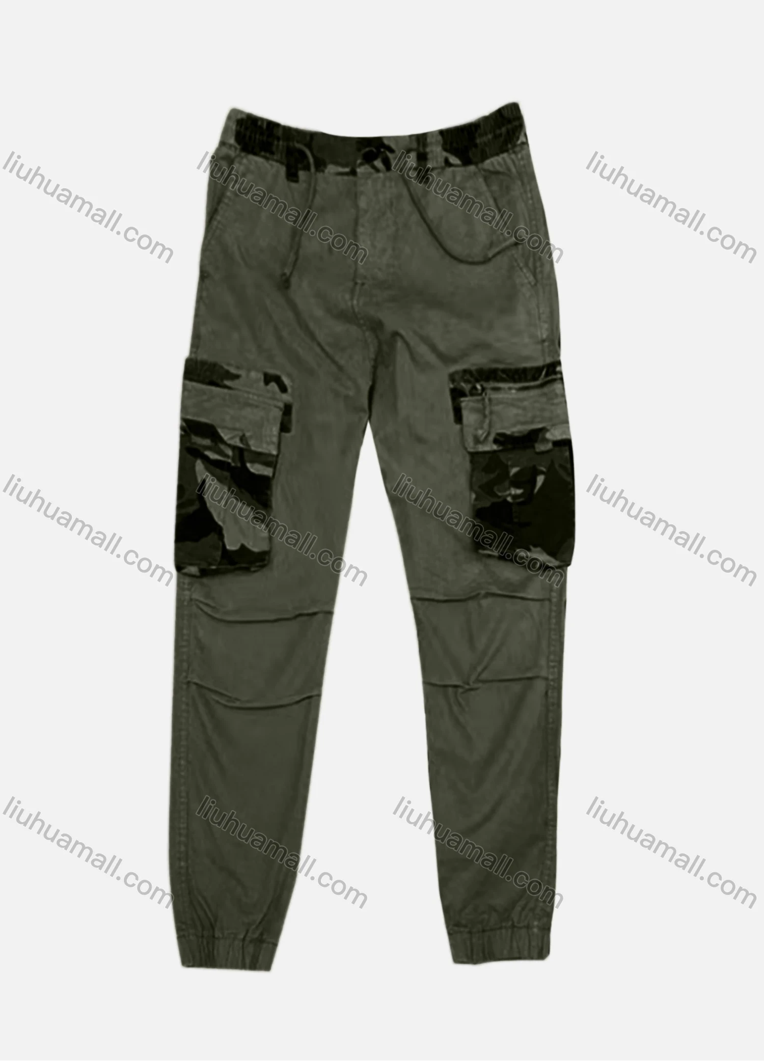 Wholesale Men's Casual Flap Pockets Drawstring Plain Splicing Camouflage Pleated Cargo Pant AK7378# - Liuhuamall