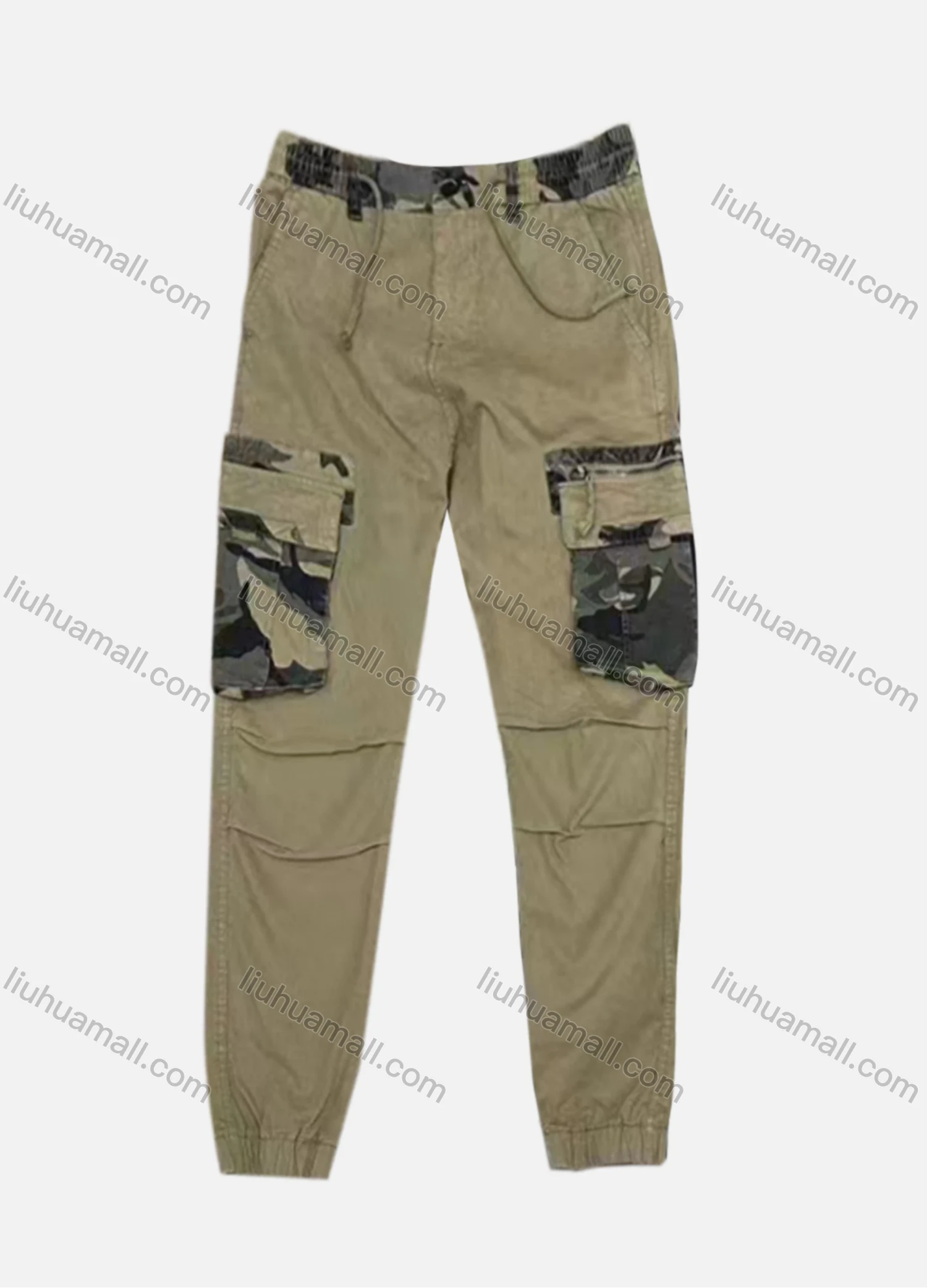 Wholesale Men's Casual Flap Pockets Drawstring Plain Splicing Camouflage Pleated Cargo Pant AK7378# - Liuhuamall