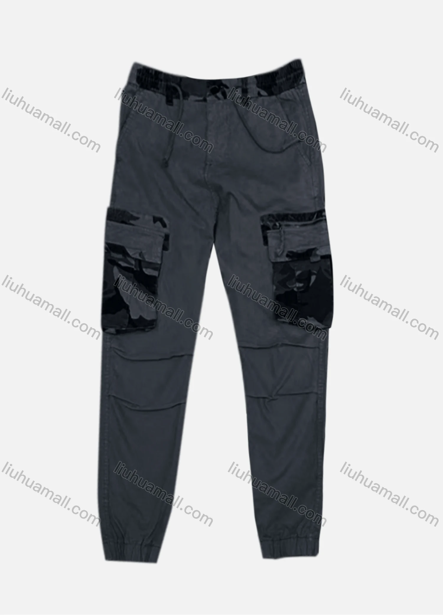 Wholesale Men's Casual Flap Pockets Drawstring Plain Splicing Camouflage Pleated Cargo Pant AK7378# - Liuhuamall